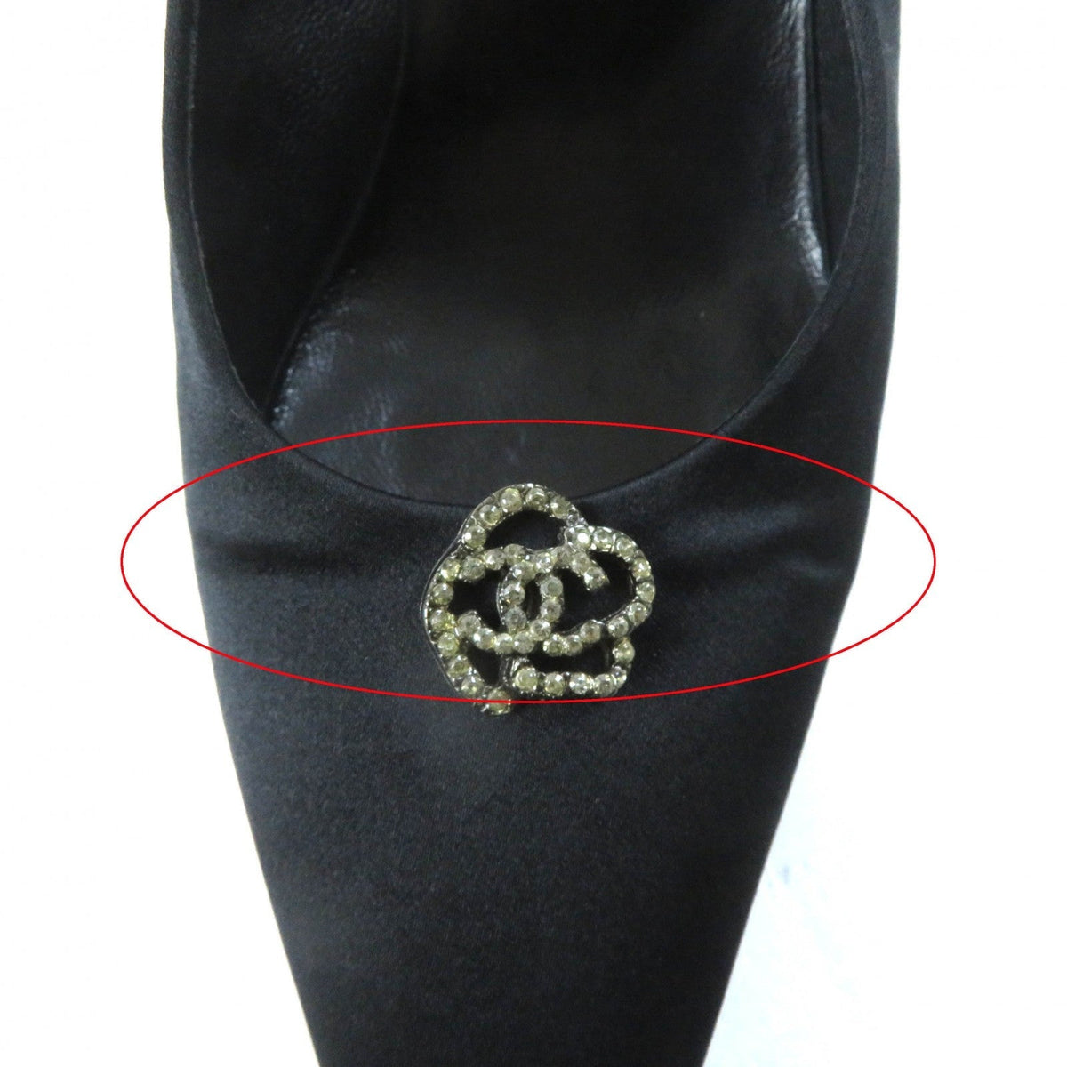 CHANEL pumps Satin, Rhinestone black Pointed toe pumps Vintage Camellia with COCO Mark 37