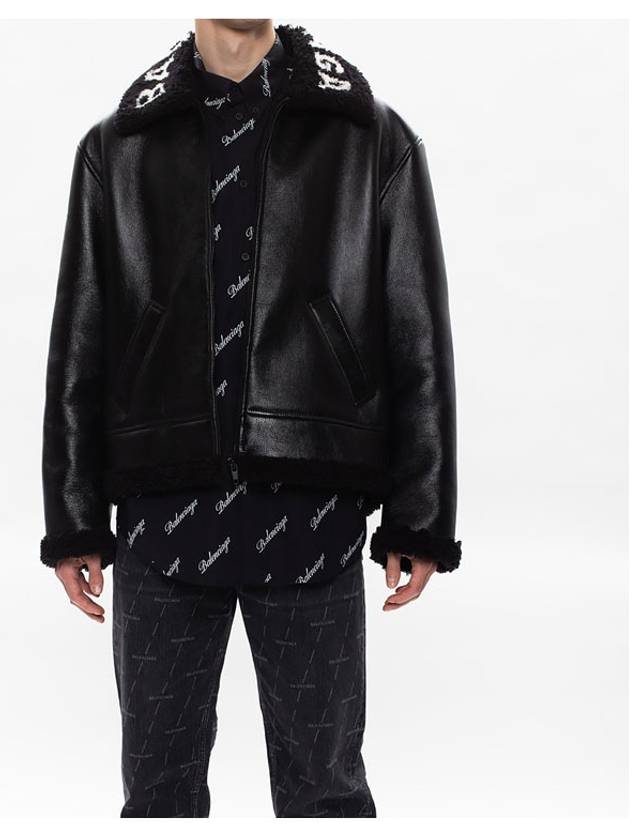 Luxury Balenciaga Logo Shearling Collar Leather Jacket Black