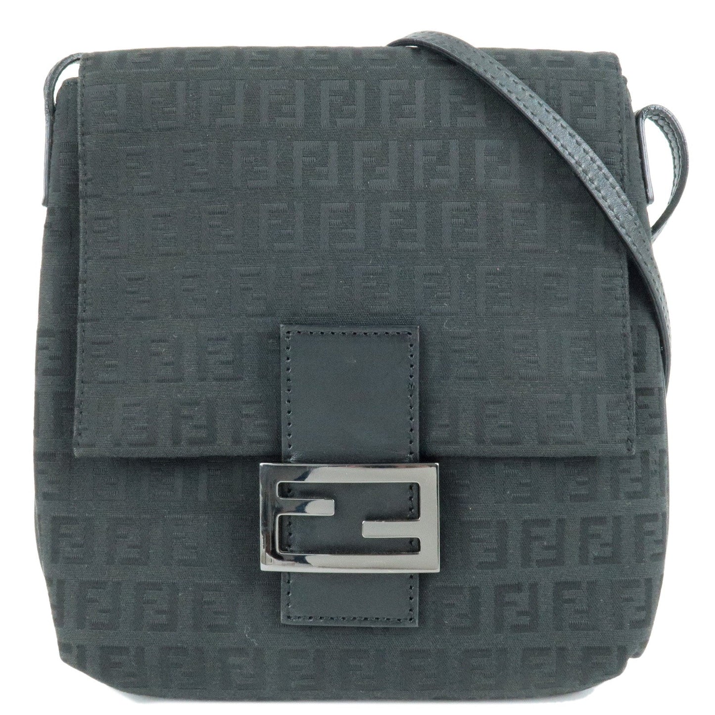FENDI Zucchino Canvas Leather Shoulder Bag Black 8BT075