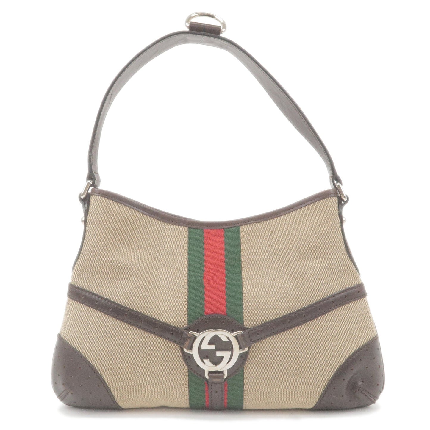 GUCCI Sherry Canvas Leather Shoulder Bag Hobo Bag Beige Brown