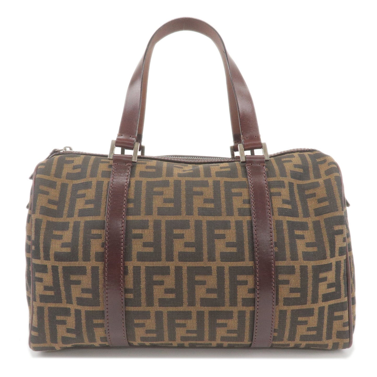FENDI Zucca Print Canvas Leather Boston Bag Khaki Black 16327