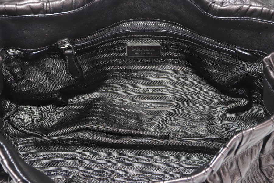 PRADA BR3971 PUSHLOCK FLAP BAG METALIC GREY LEATHER SILVER HARDWARE WITH DUST COVER