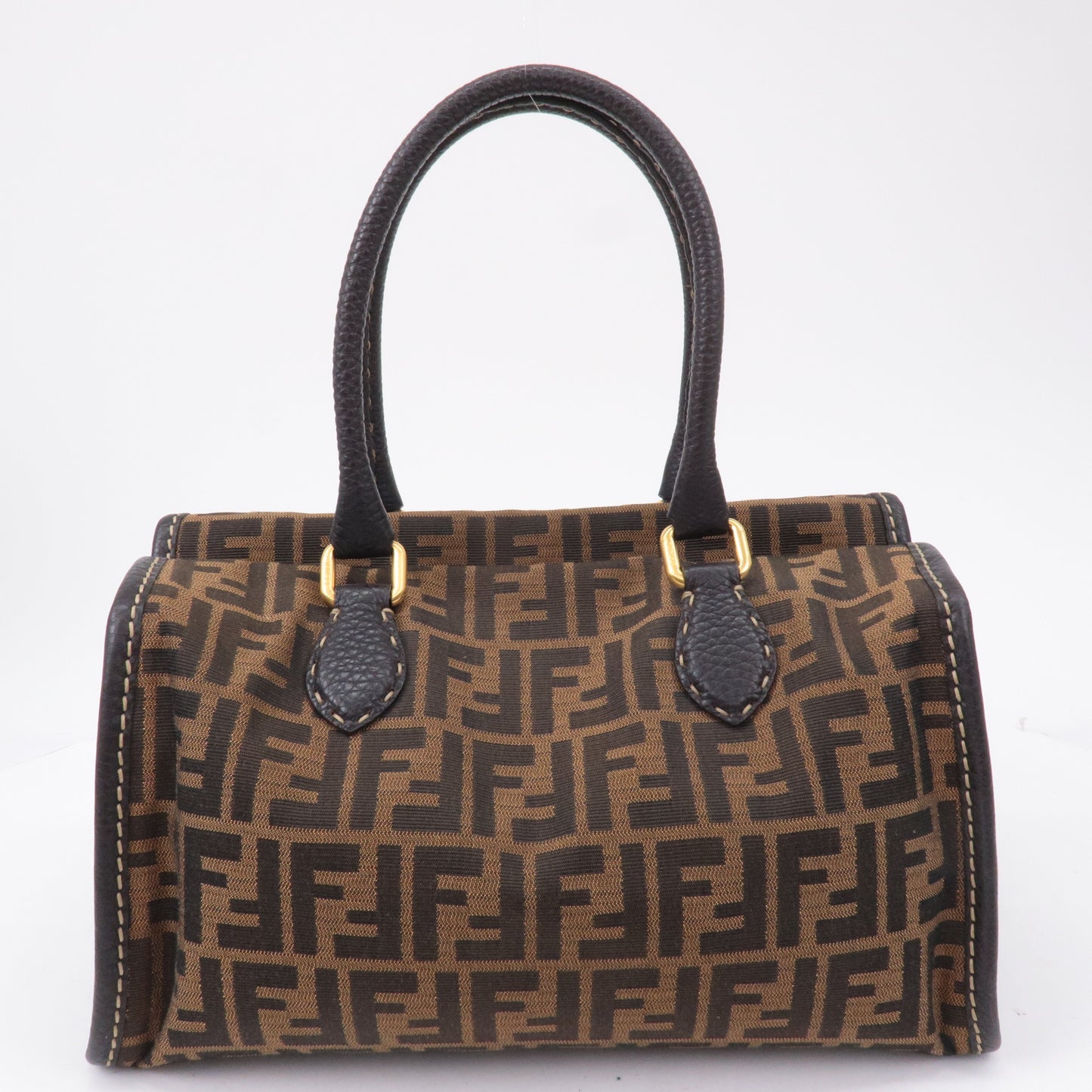 FENDI Selleria Zucca Canvas Leather Hand Bag Brown Black 8BN218