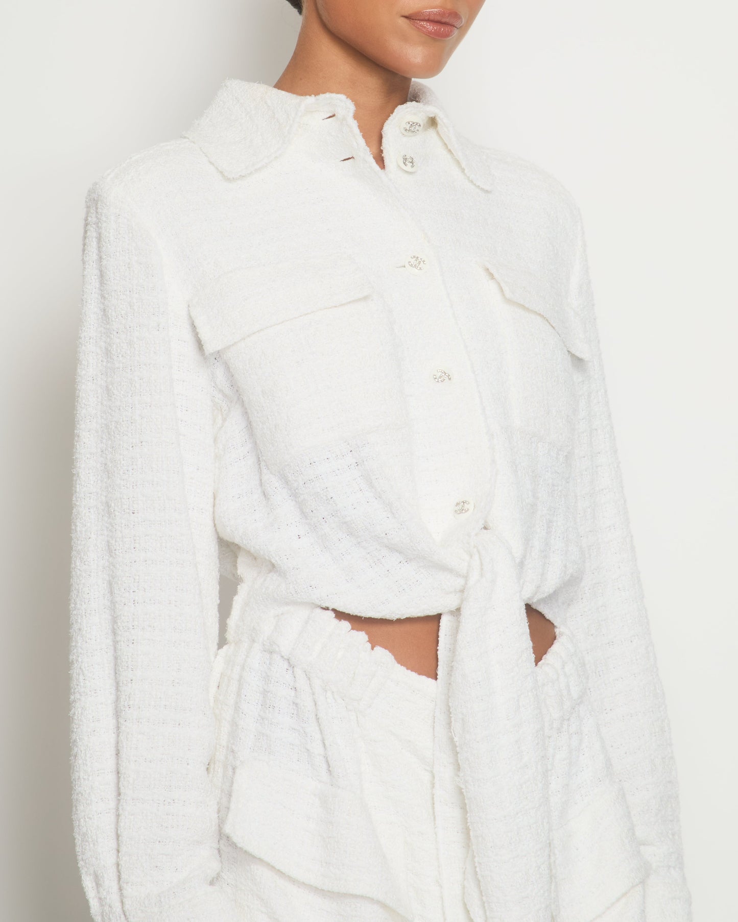 Chanel 21/C White Tweed Button Down Dress with CC Button Detail and Tie Detail Size FR 38 (UK 10)