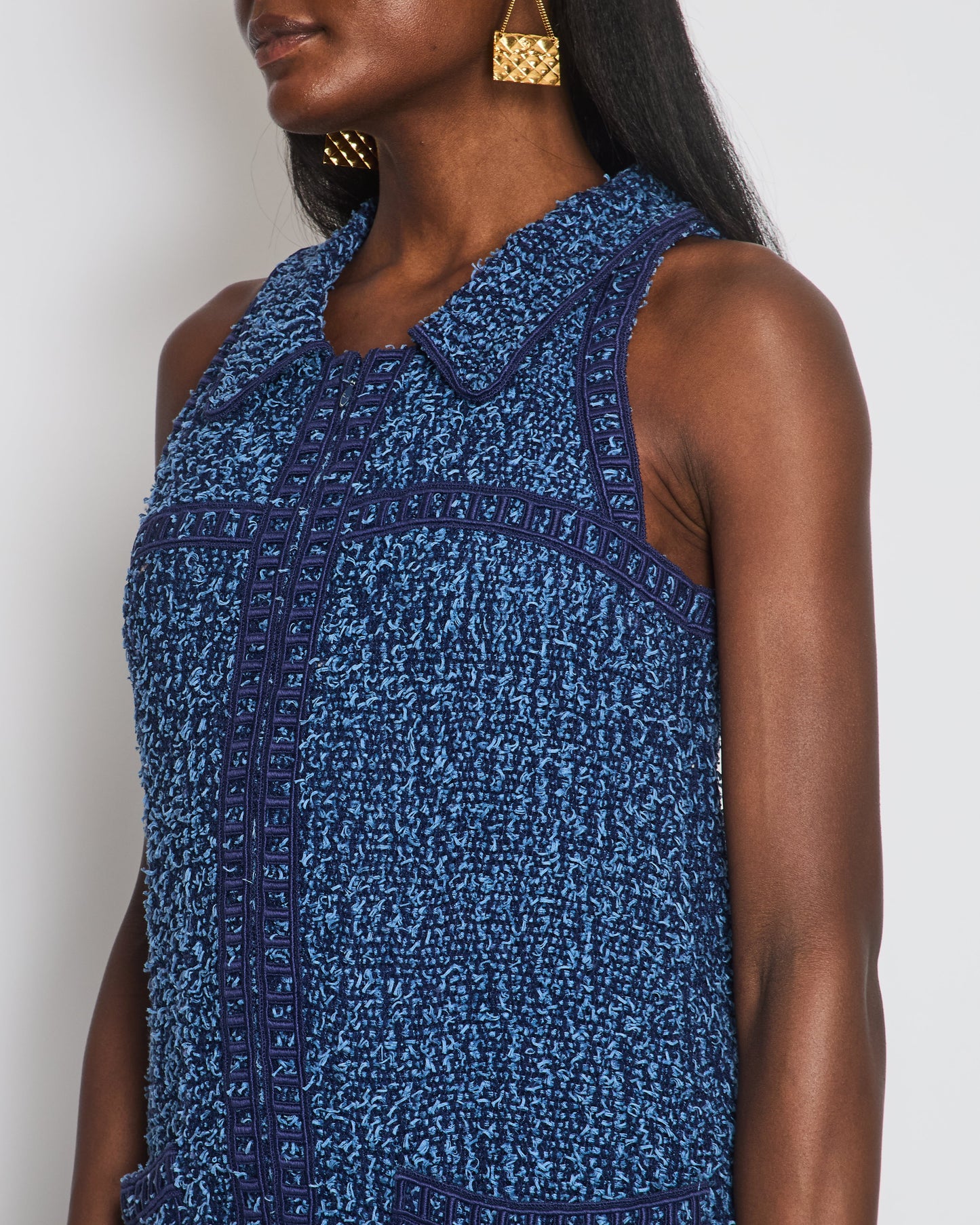 Chanel Blue Tweed Sleeveless Dress with Pockets and CC Button Detail Size FR 38 (UK 10)