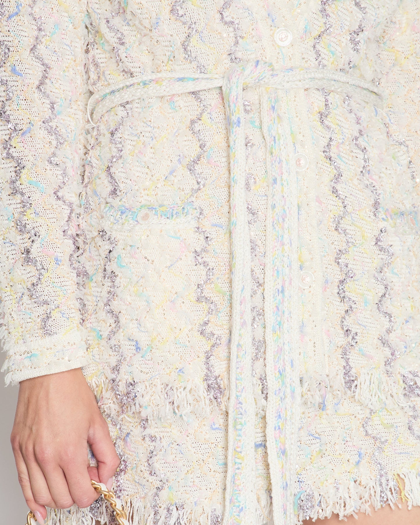 Chanel 24C Cream Long Line Belted igan with Metallic & Multi-Colour Threads and Sequins Detail Size FR 36 (UK 8)