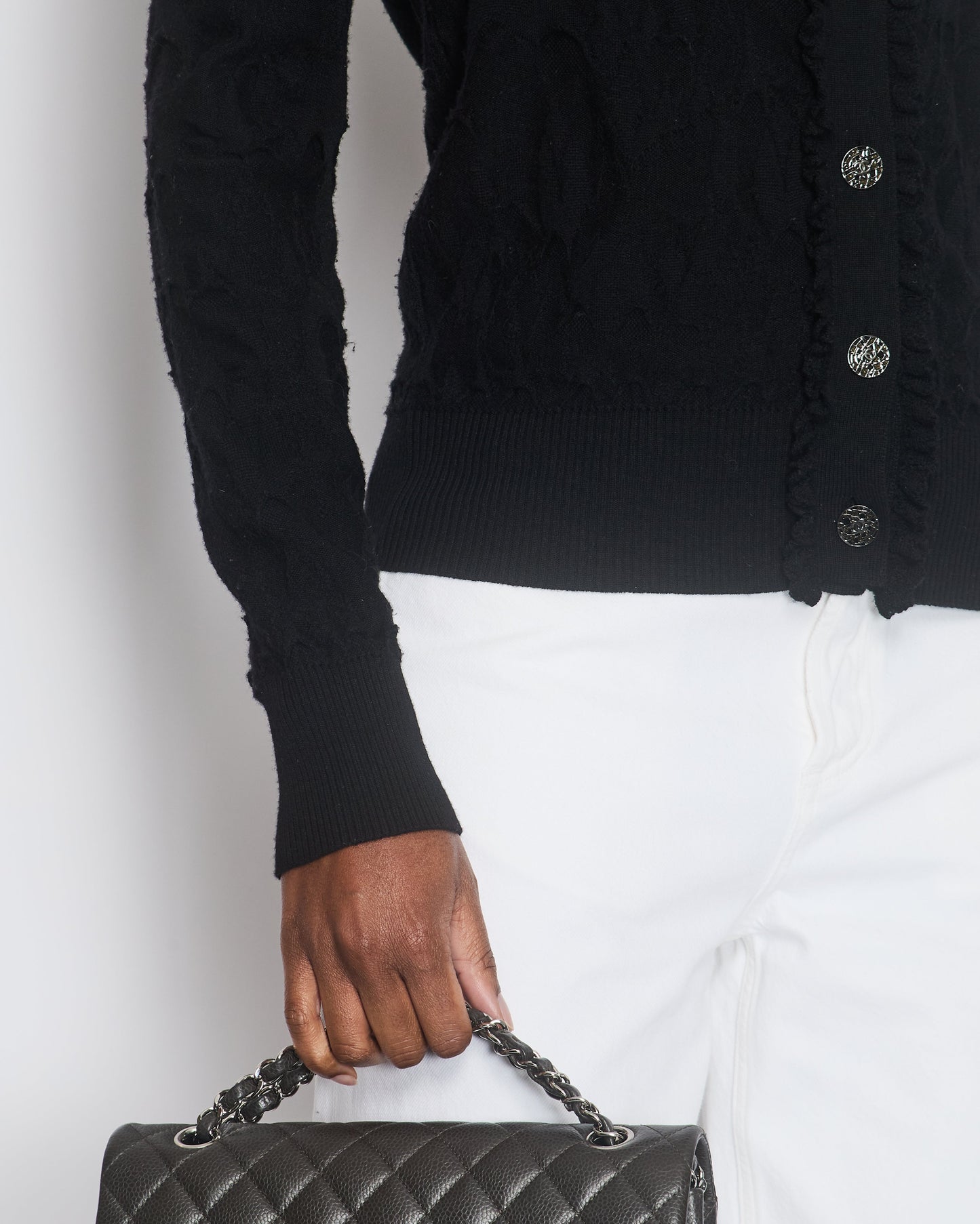 Chanel Black Knitted Button Down igan with Ruched Trim Size FR 40 (UK 12)