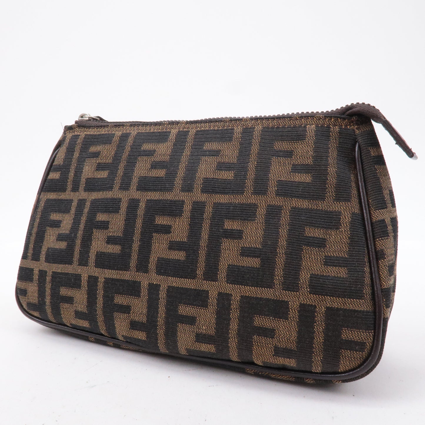 FENDI Zucca Canvas Leather Cosmetic Pouch Brown Black 26387