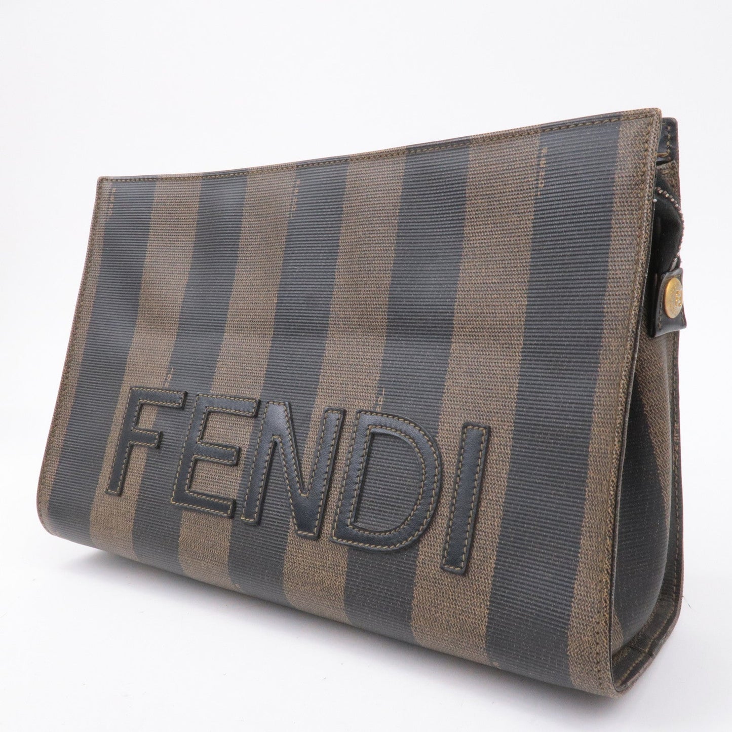 FENDI Pequin PVC Leather Clutch Bag Black Khaki