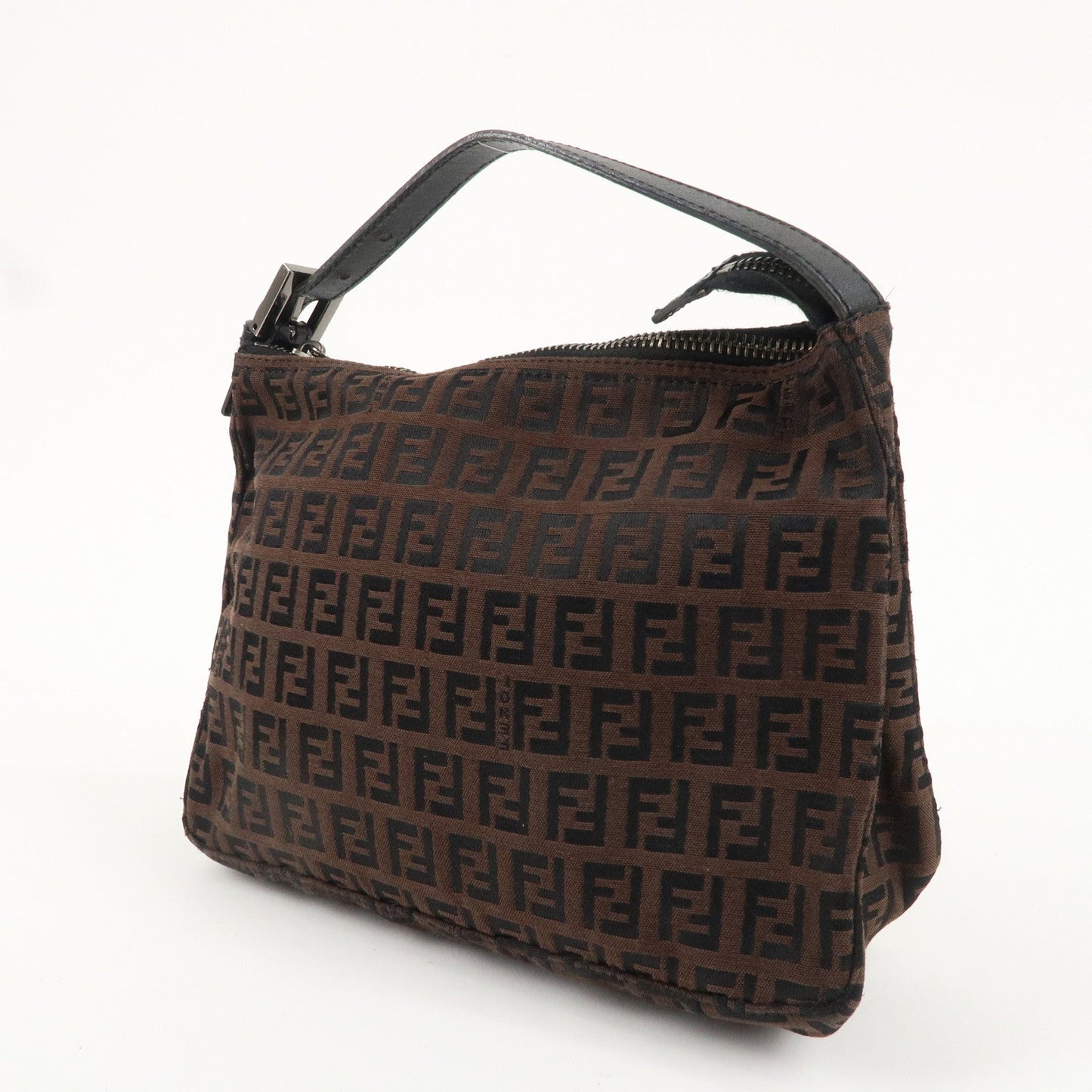 FENDI Zucchino Canvas Leather Hand Bag Pouch Brown Black 8N0005