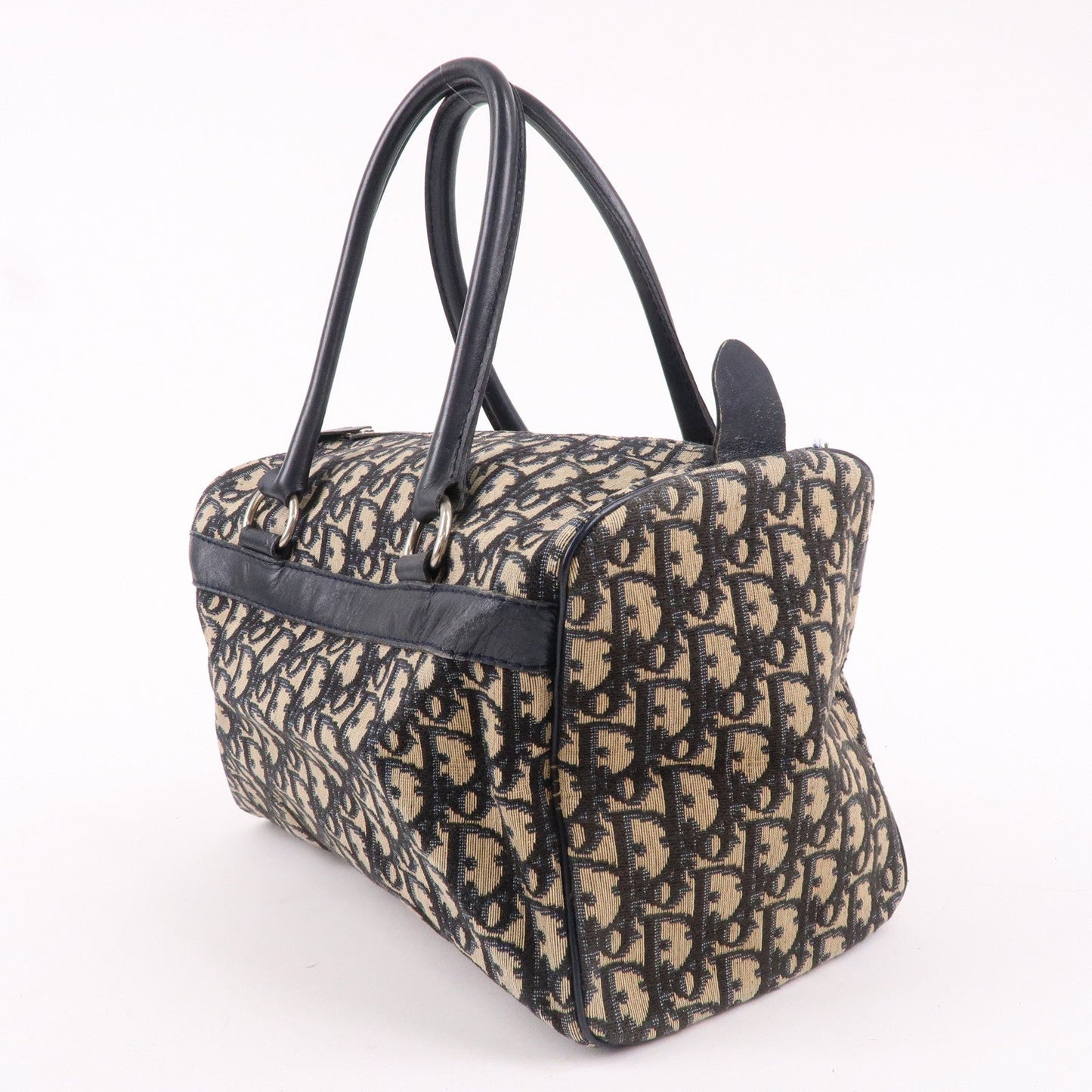 Christian Dior Trotter Canvas Leather Boston Bag Beige Navy