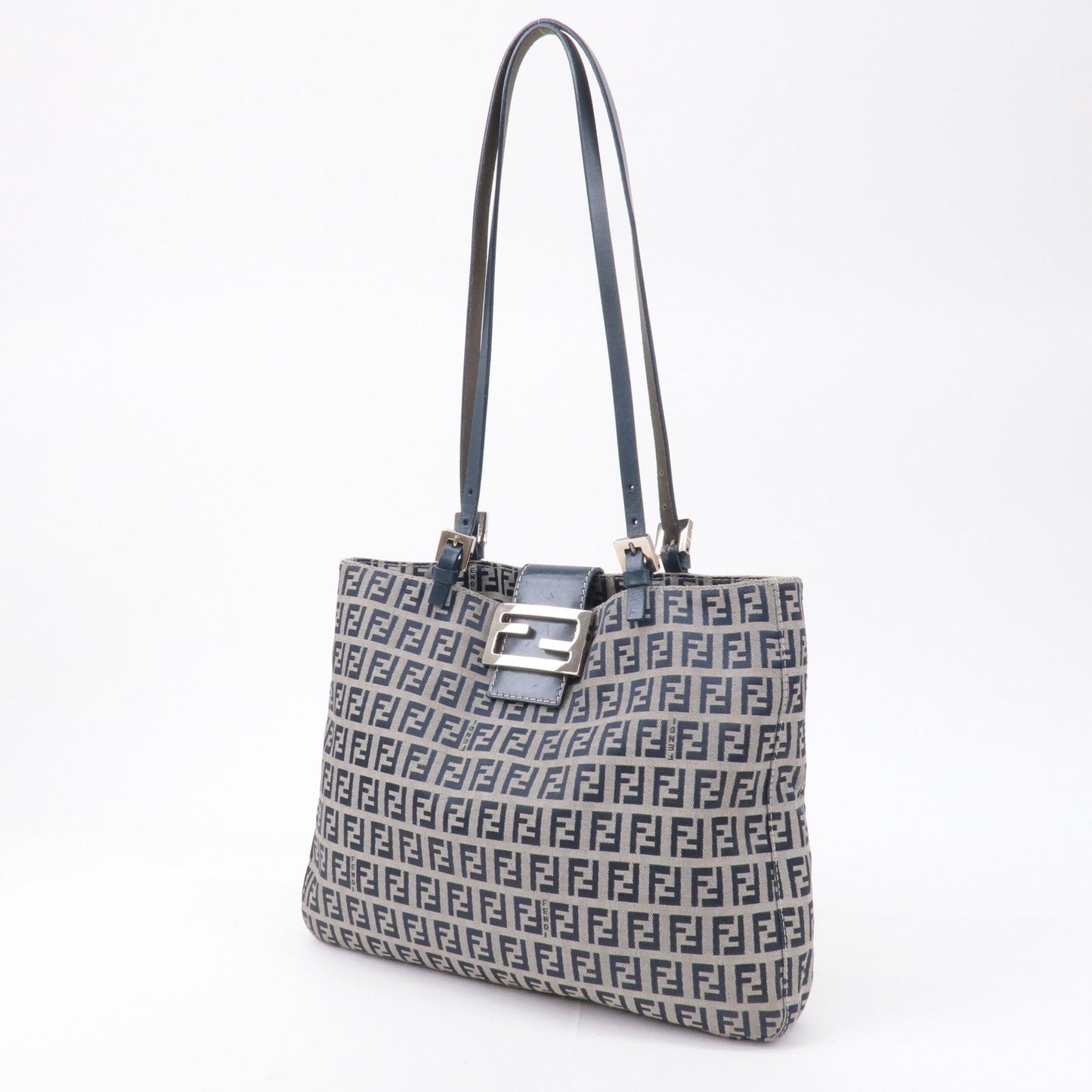 FENDI Zucchino Canvas Leather Tote Bag Beige Navy 26726