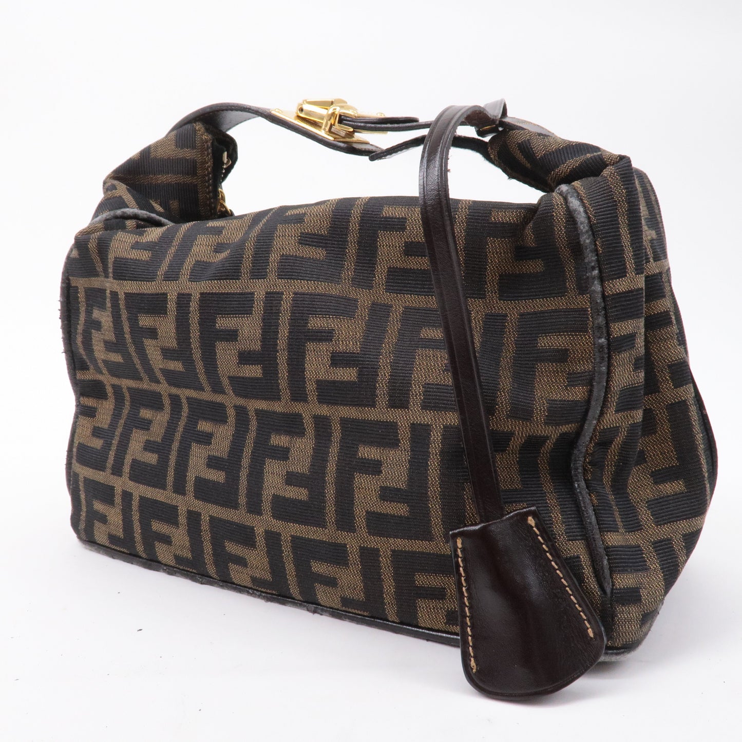 FENDI Zucca Canvas Leather Hand Bag Brown Khaki Black