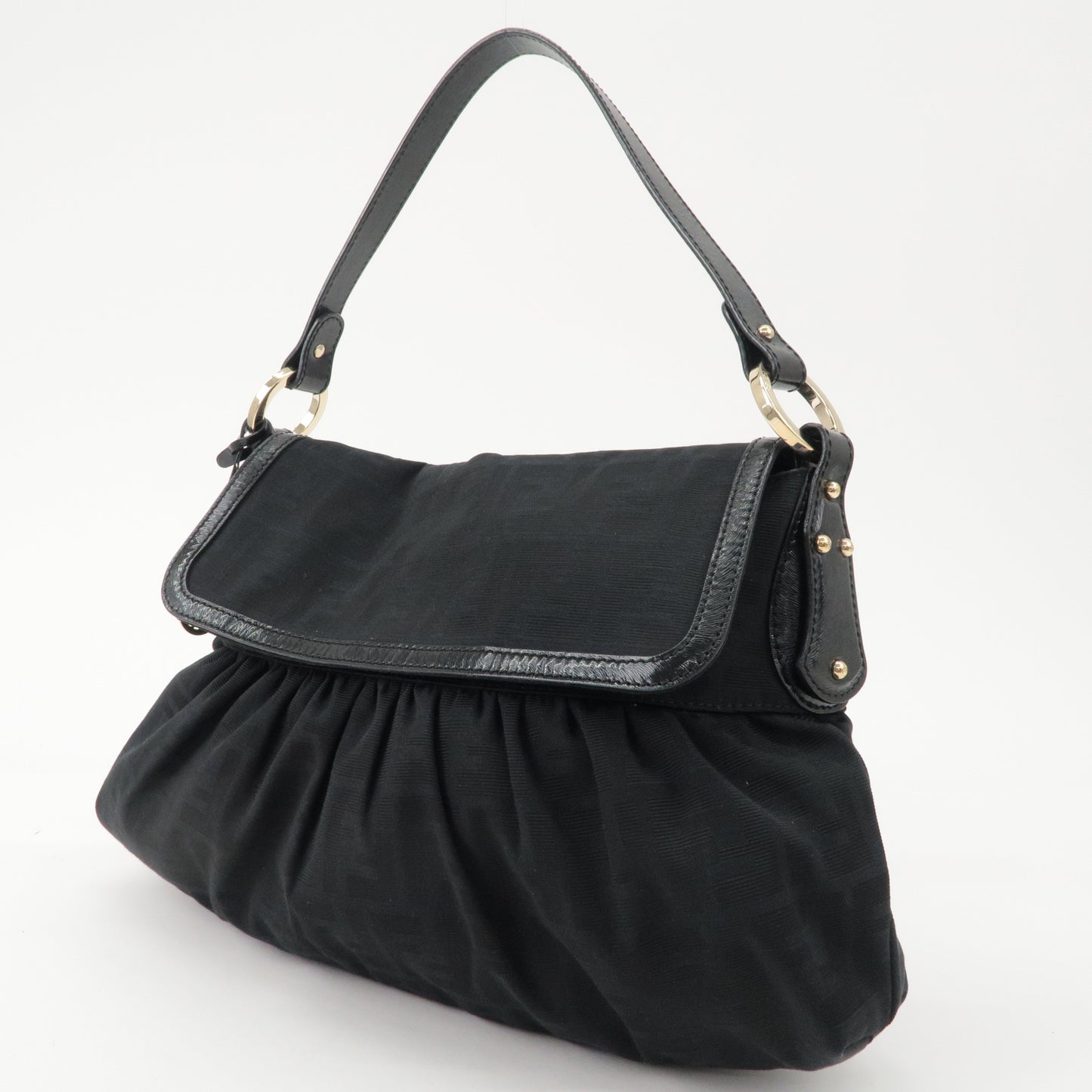 FENDI Zucca Canvas Leather Shoulder Bag Black 8BR436