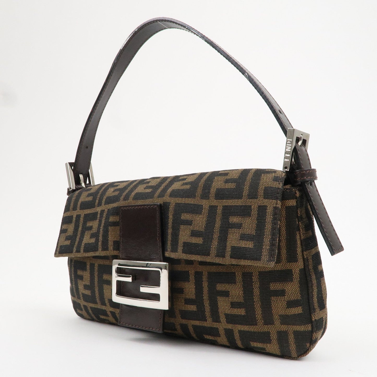 FENDI Mamma Baguette Canvas Leather Shoulder Bag Brown Black 26424