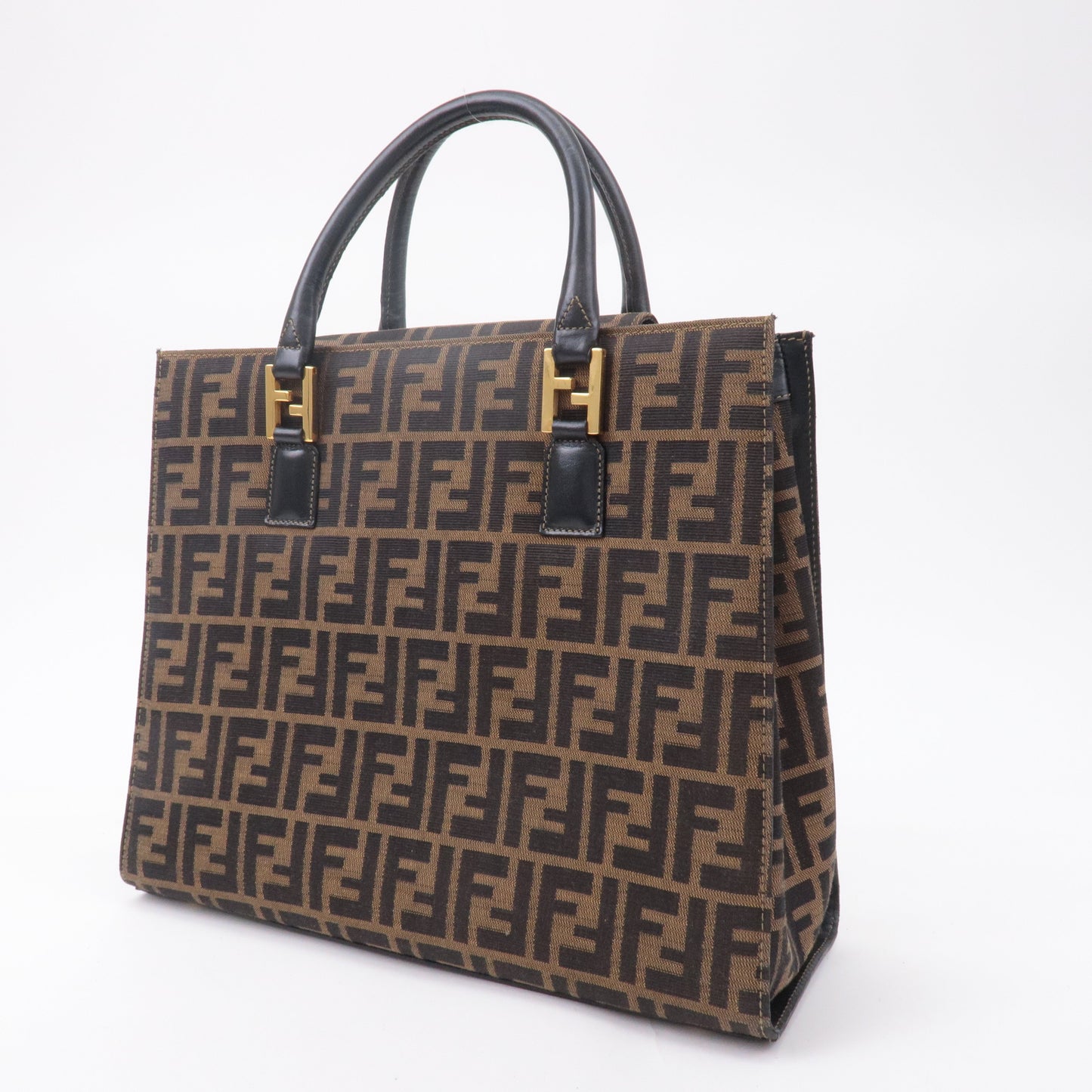 FENDI Zucca Canvas Leather Tote Bag Brown Black 15095