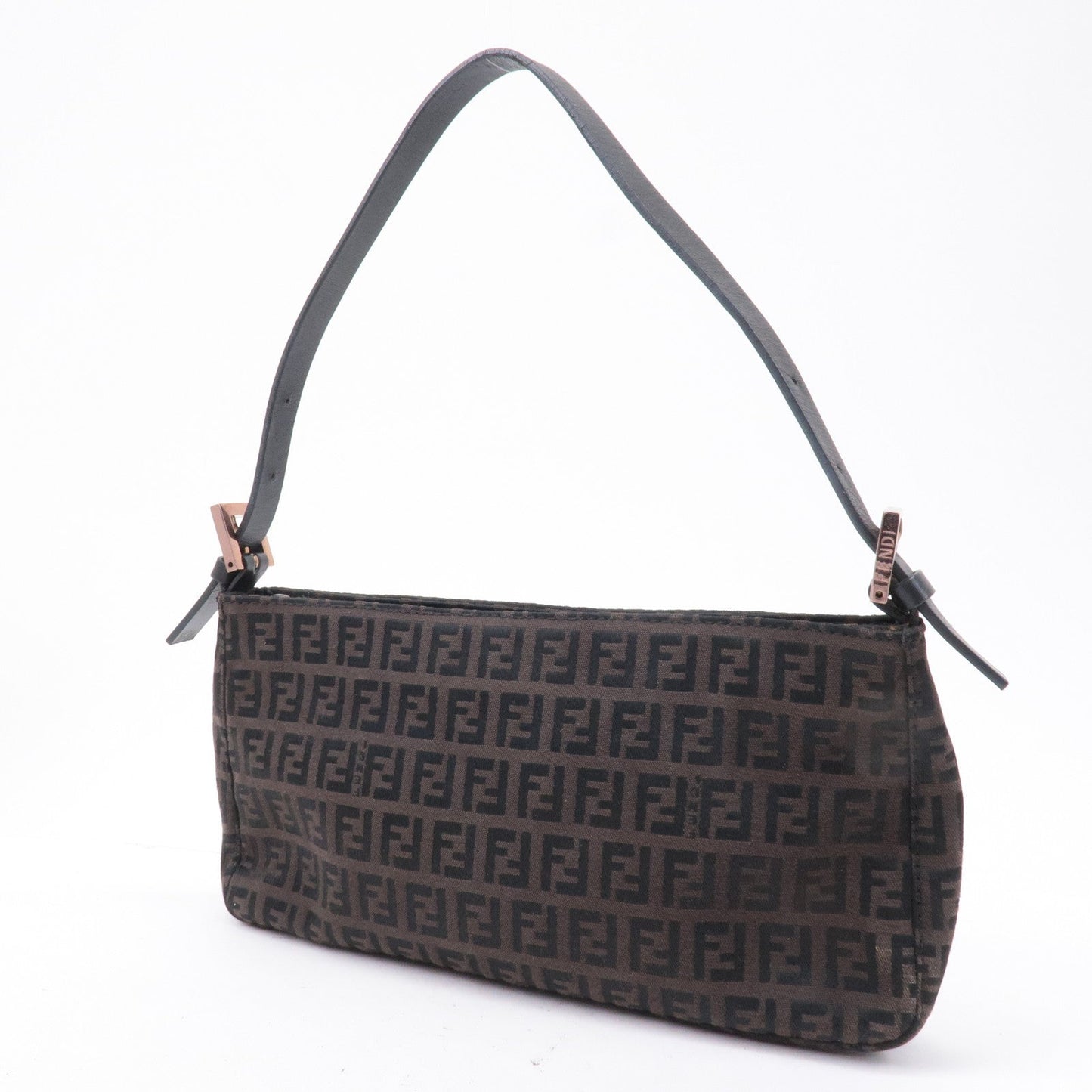 FENDI Zucchino Canvas Leather Shoulder Bag Brown Black 8BR042
