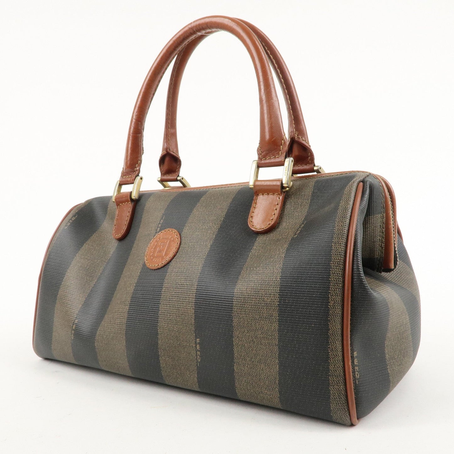 FENDI Pecan PVC Leather Boston Bag Hand Bag Brown Black