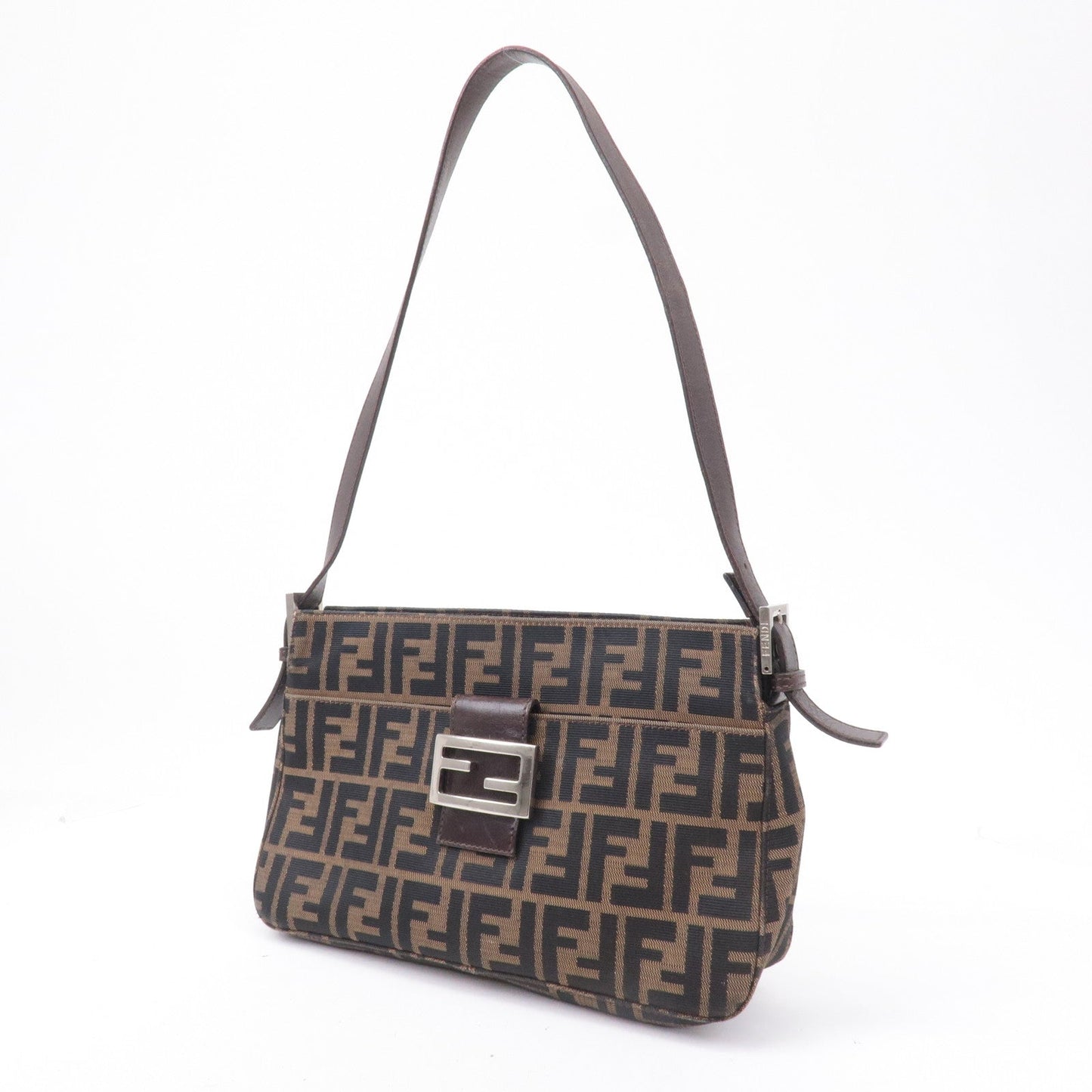 FENDI Zucca Canvas Leather Shoulder Bag Brown Black 26566