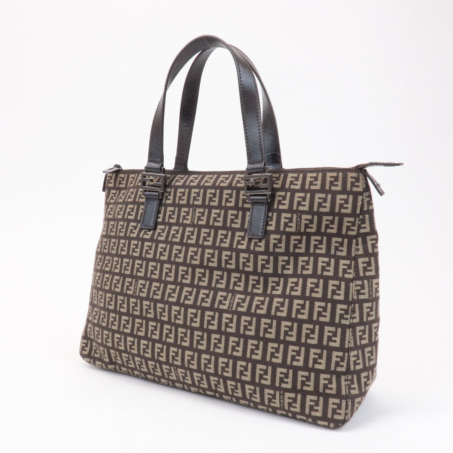 FENDI Zucchino Canvas Leather Tote Bag Hand Bag Beige Brown 8BH138