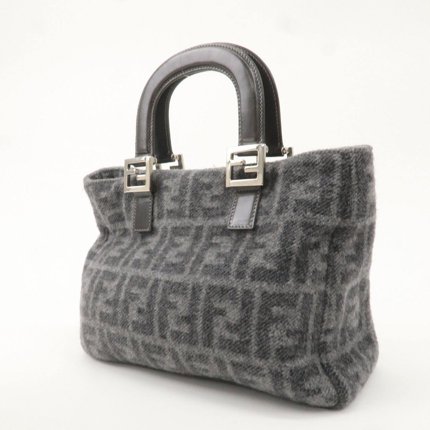 FENDI Zucca Print Wool Leather Knit Hand Bag Tote Bag 26329 Gray