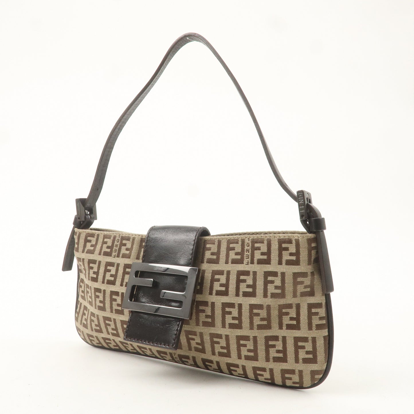 FENDI Zucchino Canvas Leather Shoulder Bag Brown Beige 8BK000
