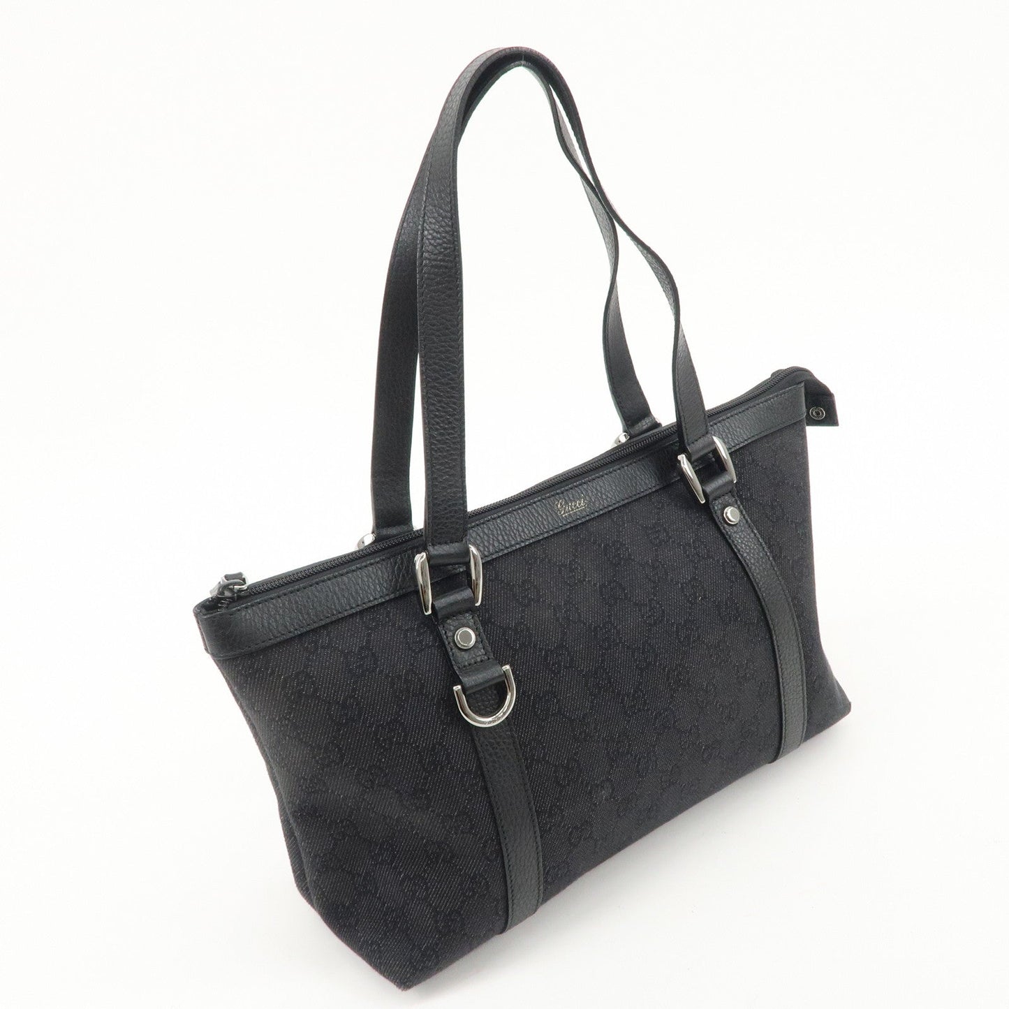 GUCCI Abbey GG Denim Leather Tote Bag Shoulder Bag Black