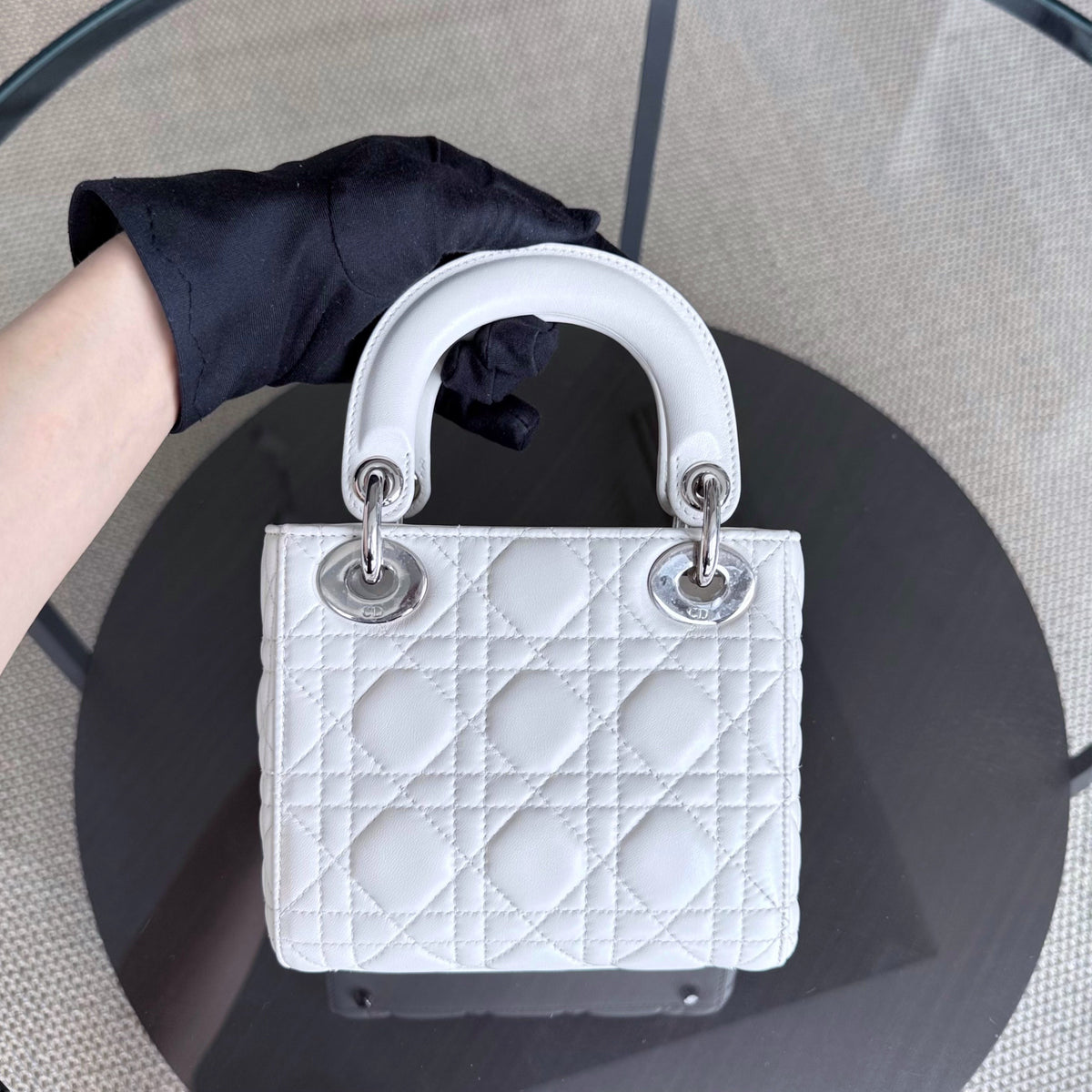 Dior Lady Mini - Cannage Lambskin White Silver Hardware Chain Strap