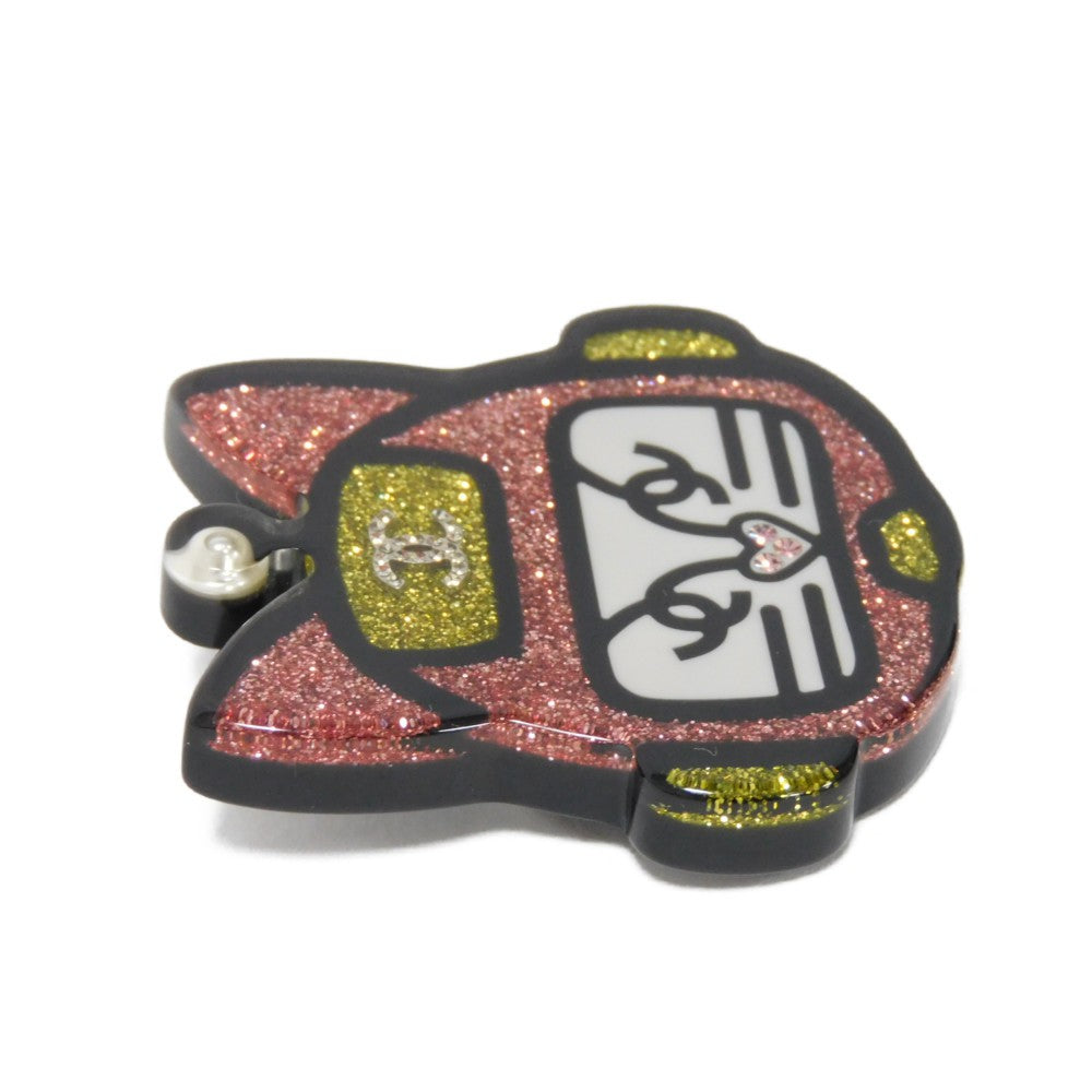 CHANEL Brooch Resin & Strath Clear x Black x Pink x Yellow CC mark Glitter COCO Mark Cat Robot Women Used