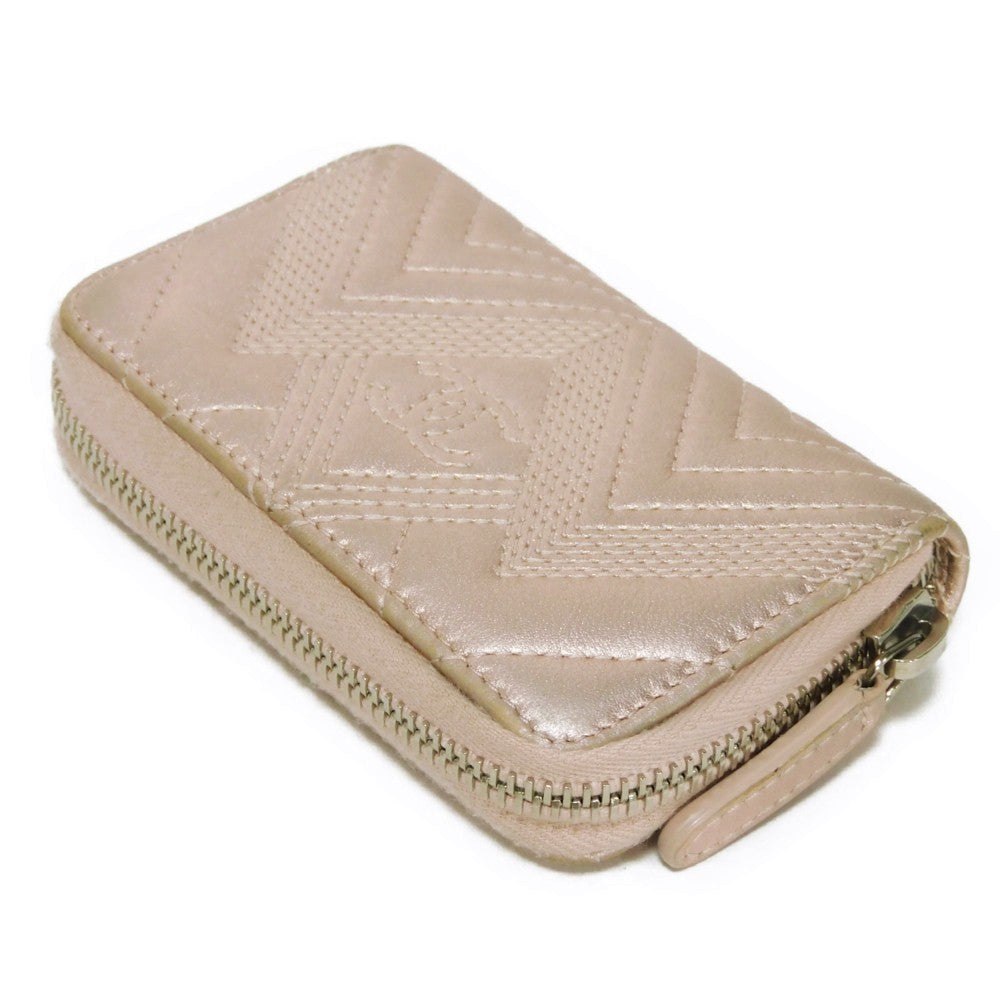 CHANEL Coin case A82535 lambskin Metallic light pink COCO Mark Chevron Zip Coin Purse Women Used