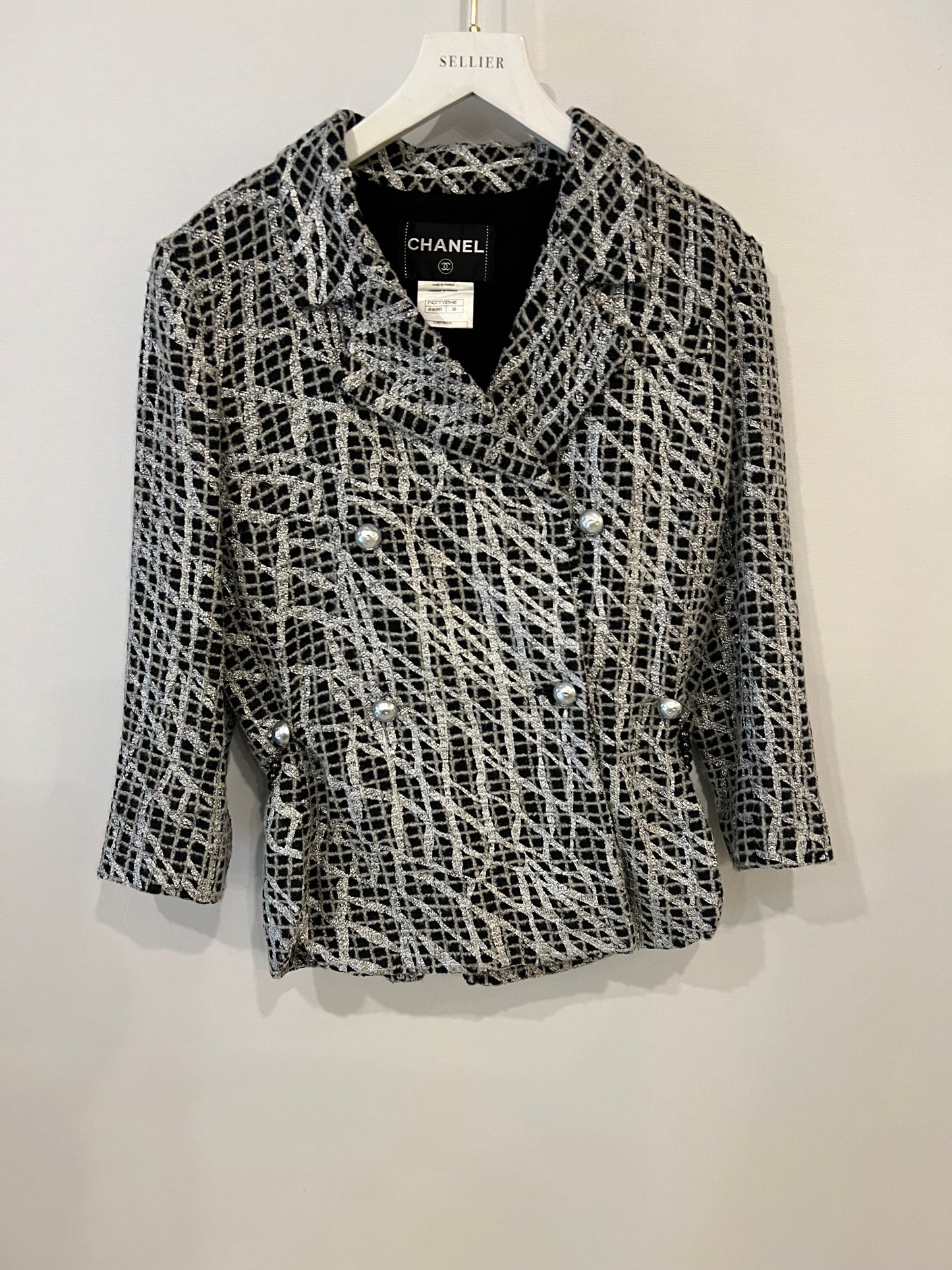 Chanel Black and Silver Metallic Tweed Jacket with CC Buttons and Removable Pearl Detail Size FR 38 (UK 10)