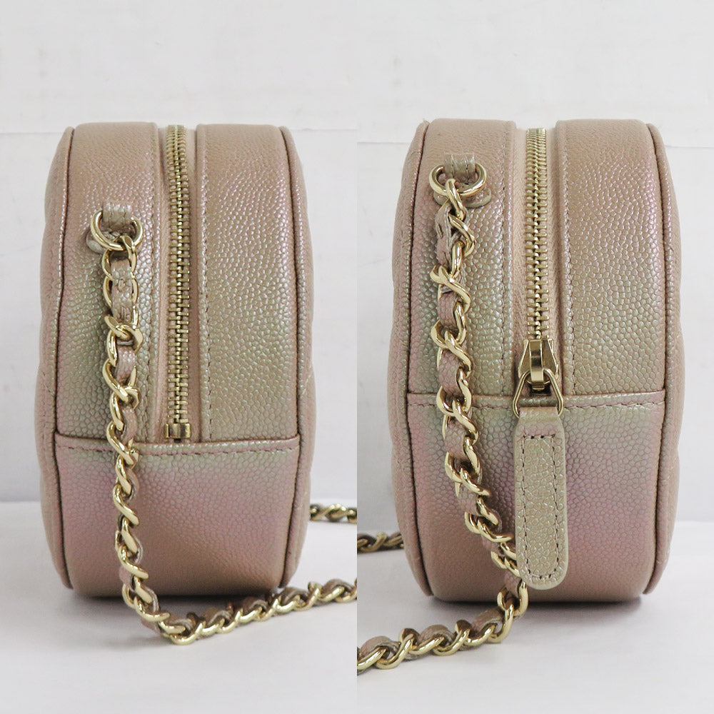 CHANEL Chanel Matrasse Round Chain Shoulder Bag Pouch AP0314 Metal Beige G Coco Caviar S Leather Round