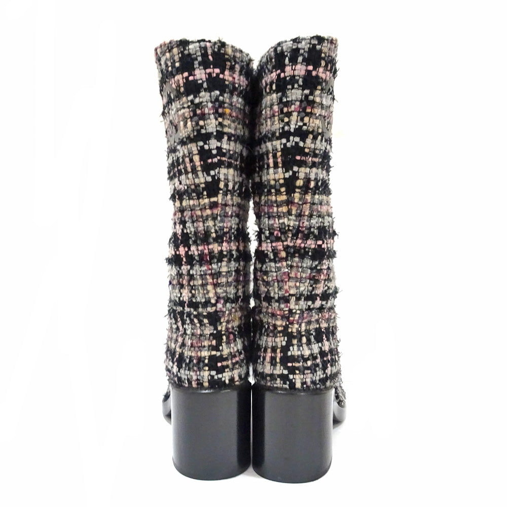 Chanel Long Boots G39614 38 Black Tweed Leather Shoes For Women