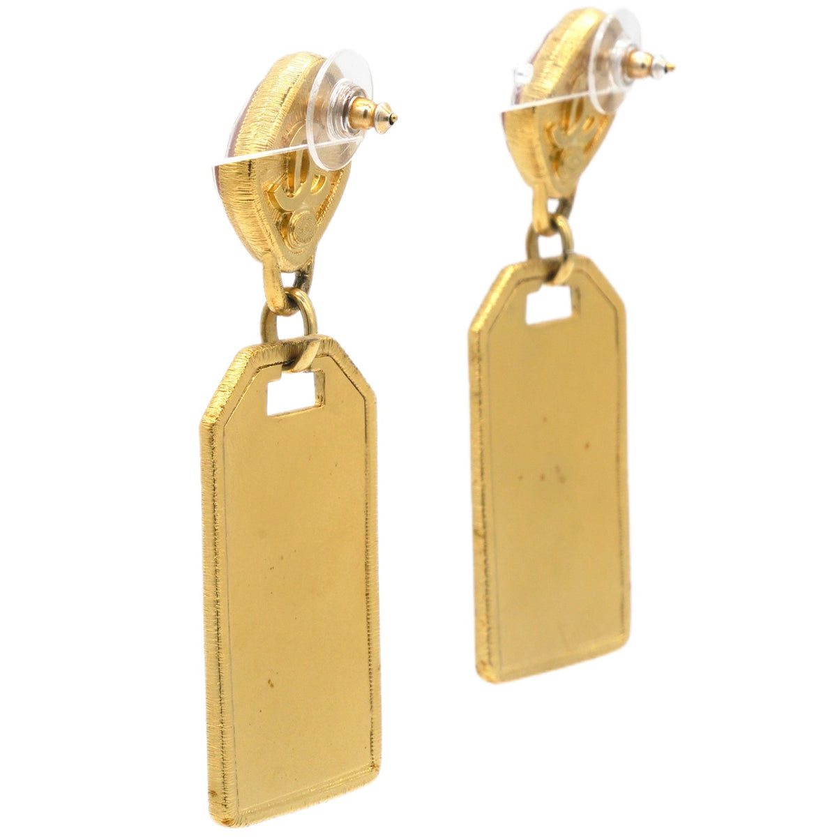 Chanel Pink Stone Badget CC Tags Drop Earrings Gold