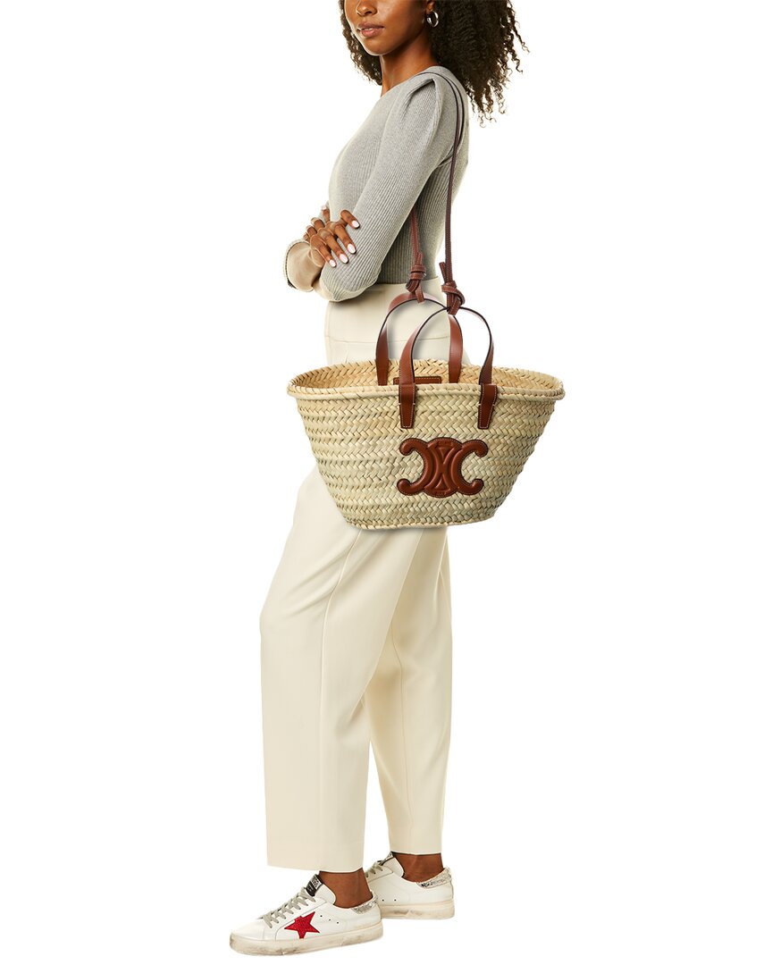Celine Triomphe Classic Panier Straw & Leather Tote, Brown