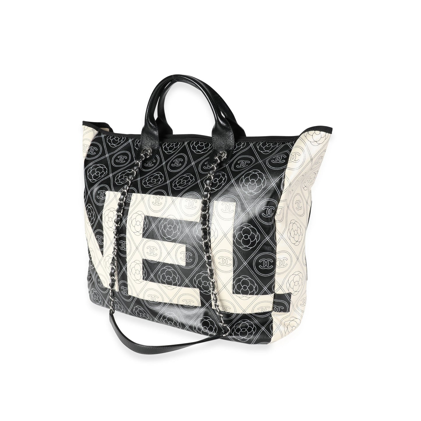 CHANEL Black and Beige Coated Canvas and Leather Camellia & CC Print Shopper Tot