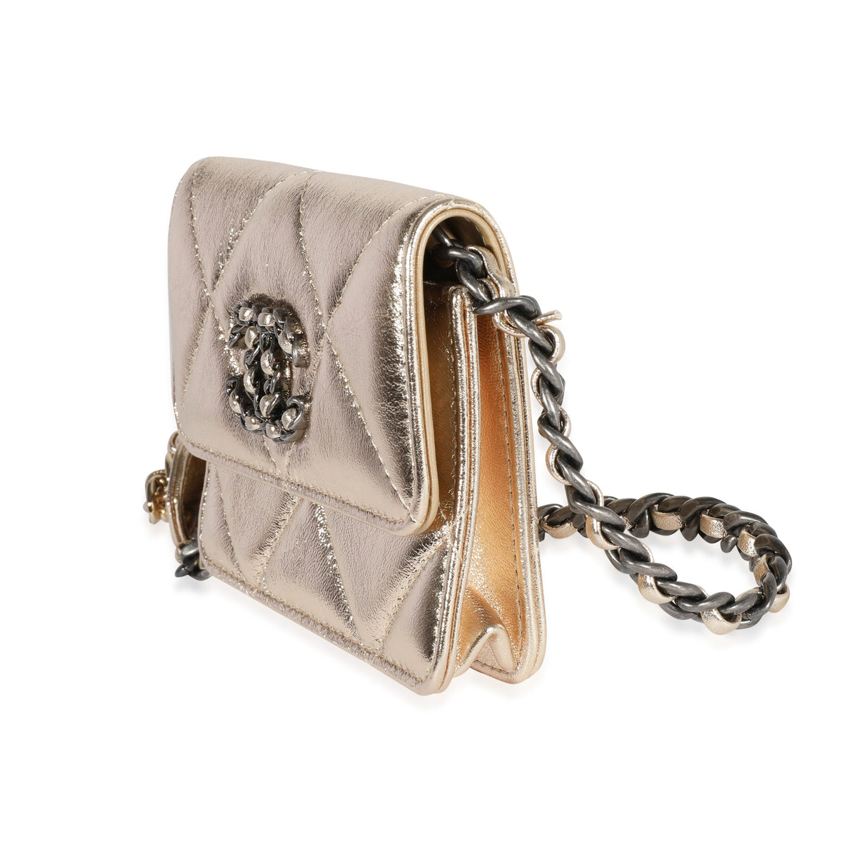 CHANEL Gold Quilted Lambskin Coin Purse With Chain