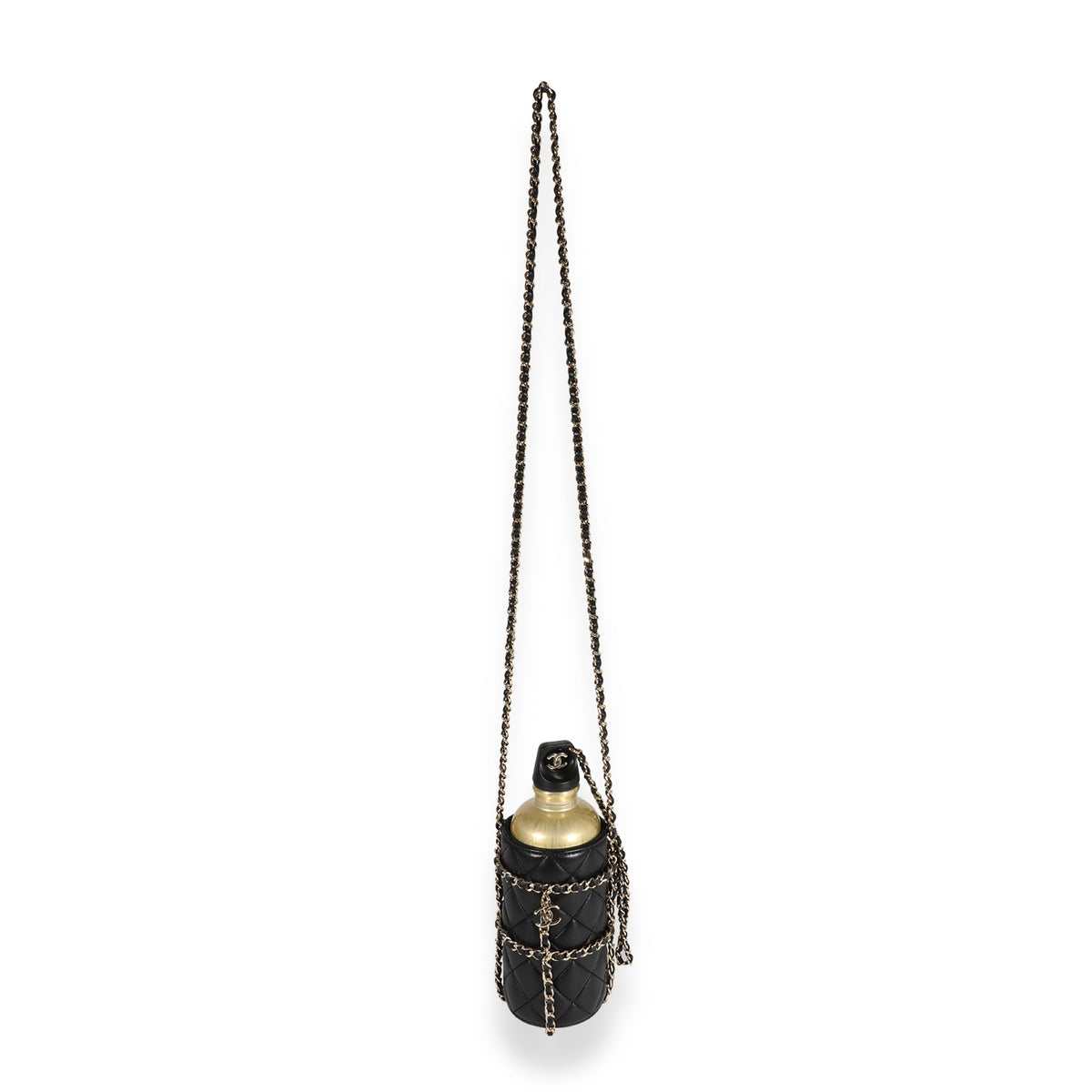 Top Quality Chanel Gold Metal Water Bottle & Black Quilted Lambskin Holder