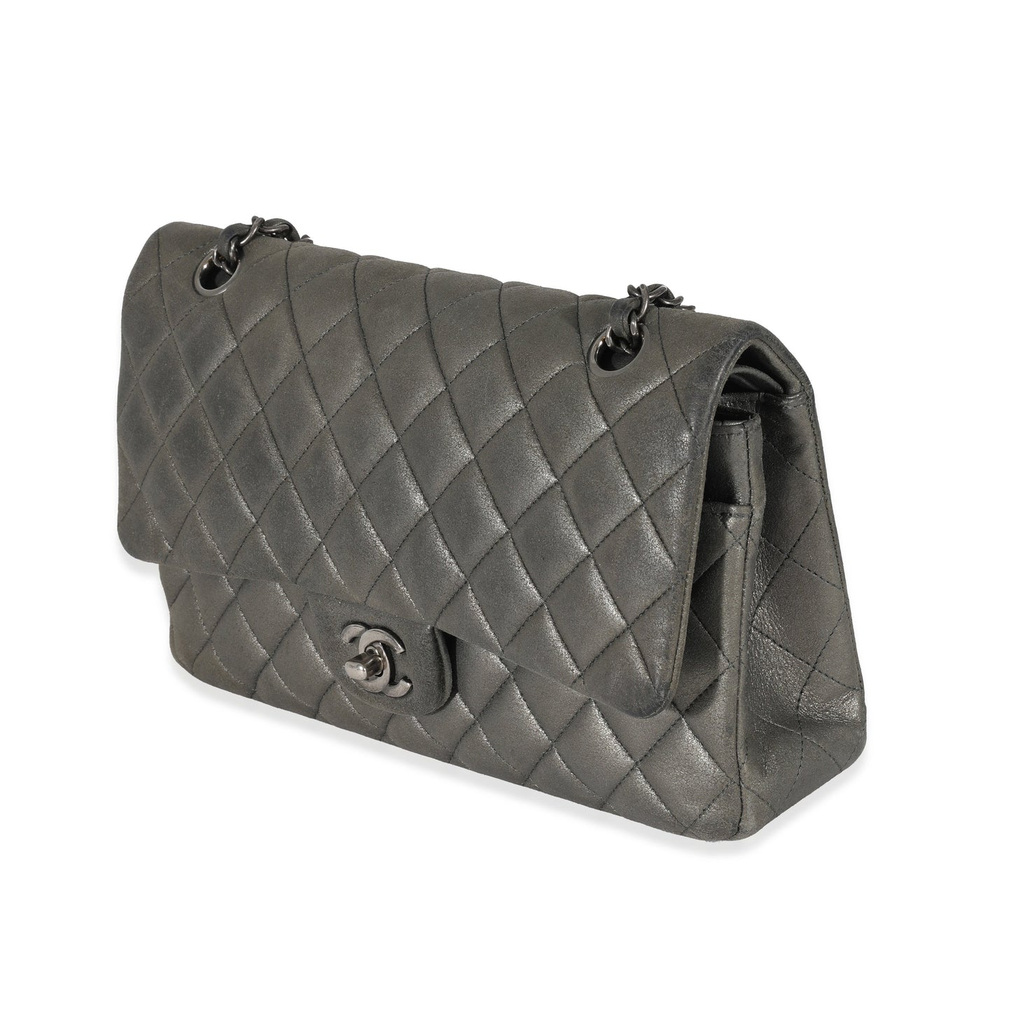 CHANEL Grey Metallic Nubuck Medium Classic Double Flap