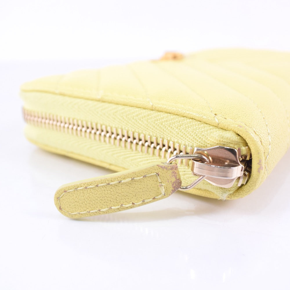 CHANEL Long Wallet Purse leather yellow 23rd generation Vstitch Zip Around Women Used