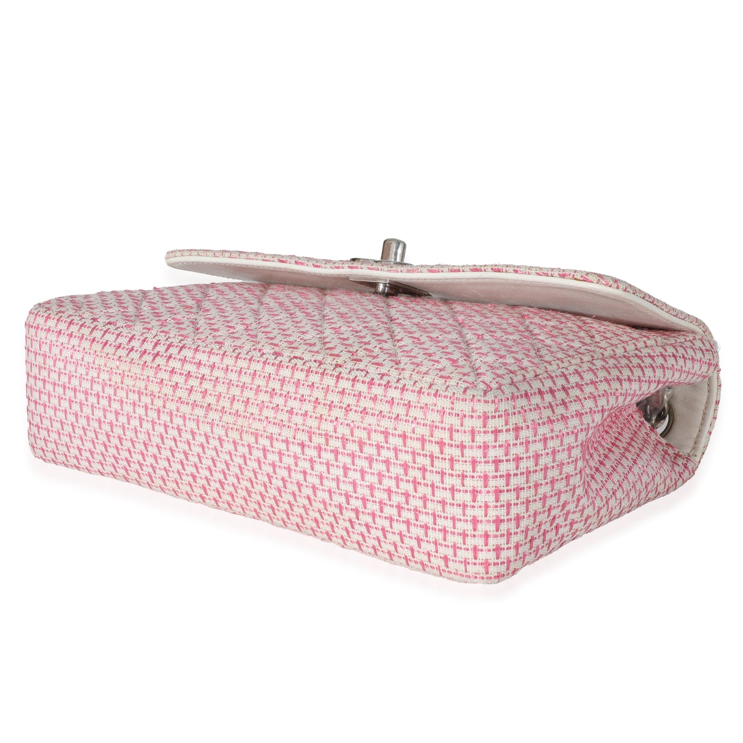 CHANEL Woven Raffia Pink White Small CC Shoulder Flap Bag