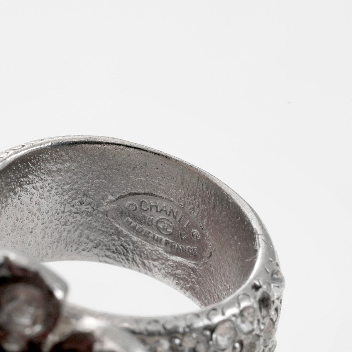 Chanel Silver Crystal Camellia Flower Ring with CC