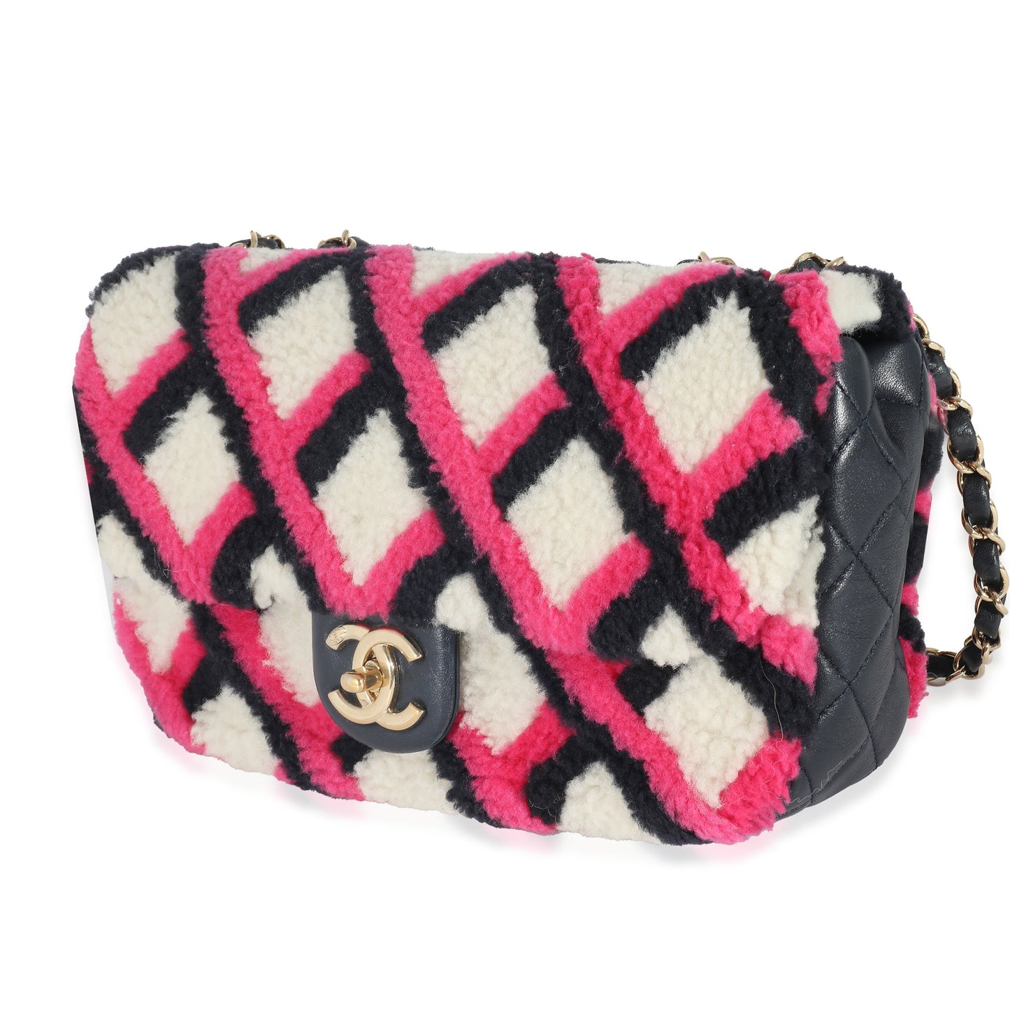 CHANEL Fuchsia Navy White Shearling Lambskin Emoticon Single Flap Bag
