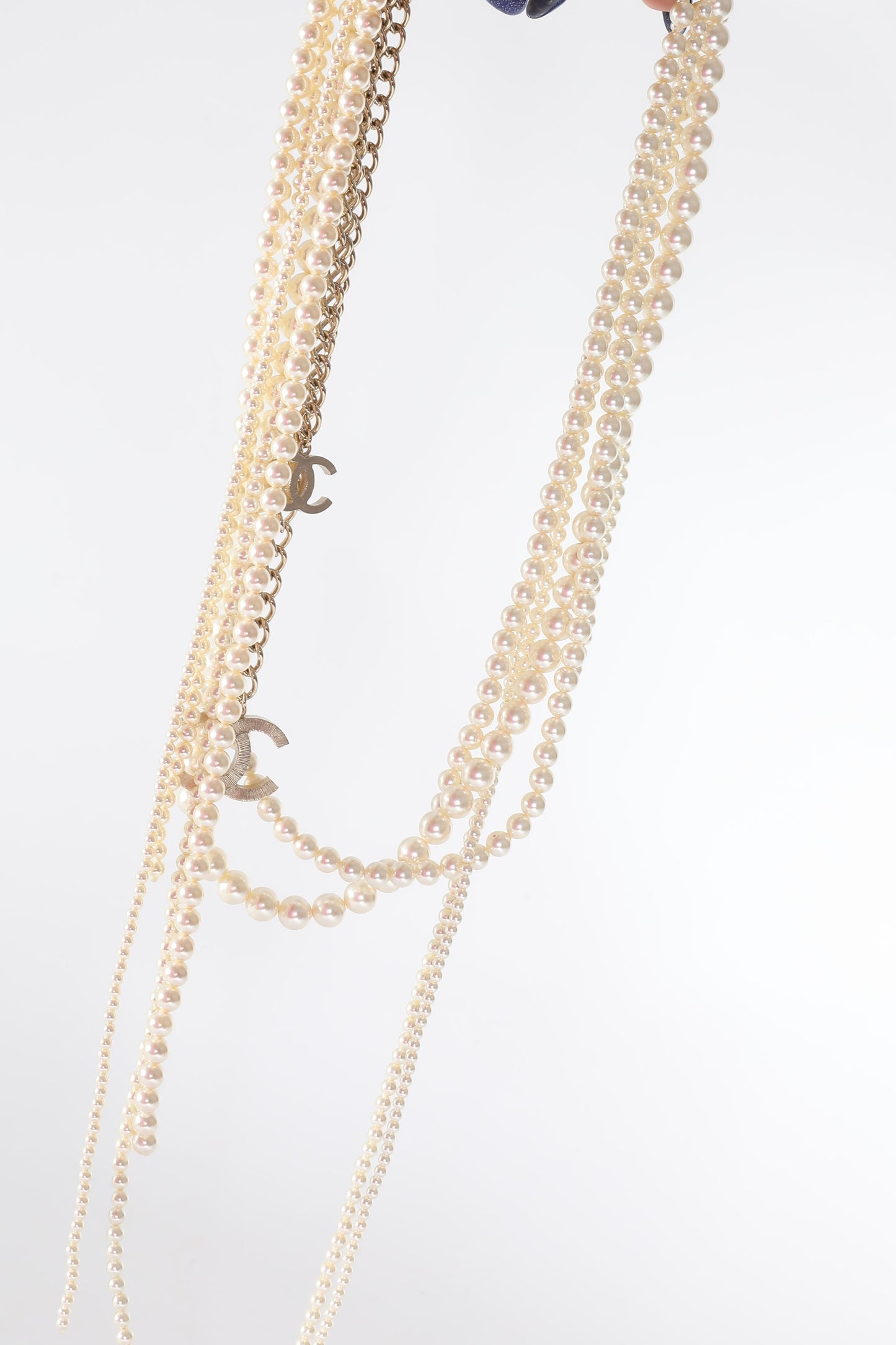 CHANEL Faux-Pearl Fringe Necklace Gold Toned Multi-Strand B 14 B