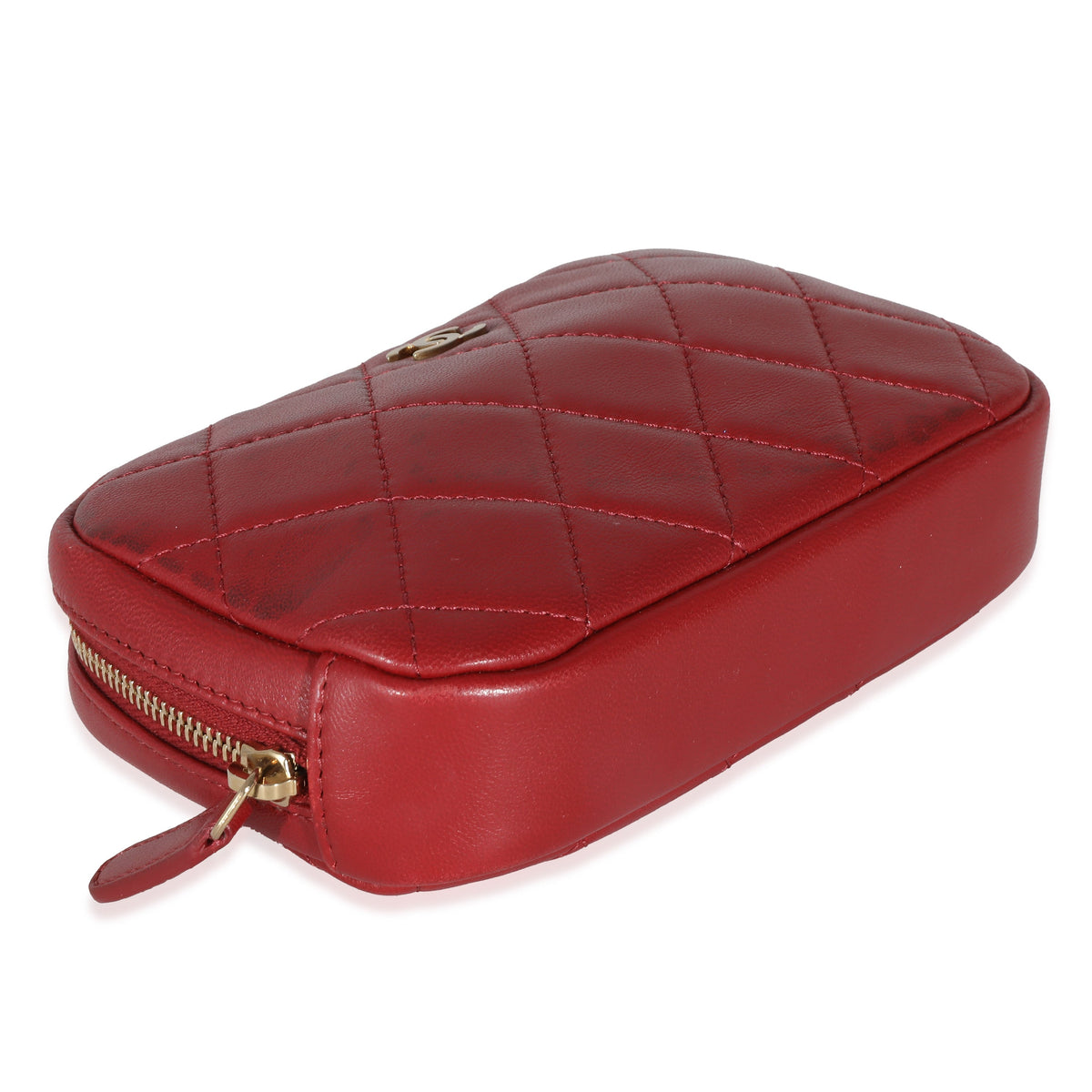CHANEL Red Quilted Lambskin Small Curvy Pouch Cosmetic Case
