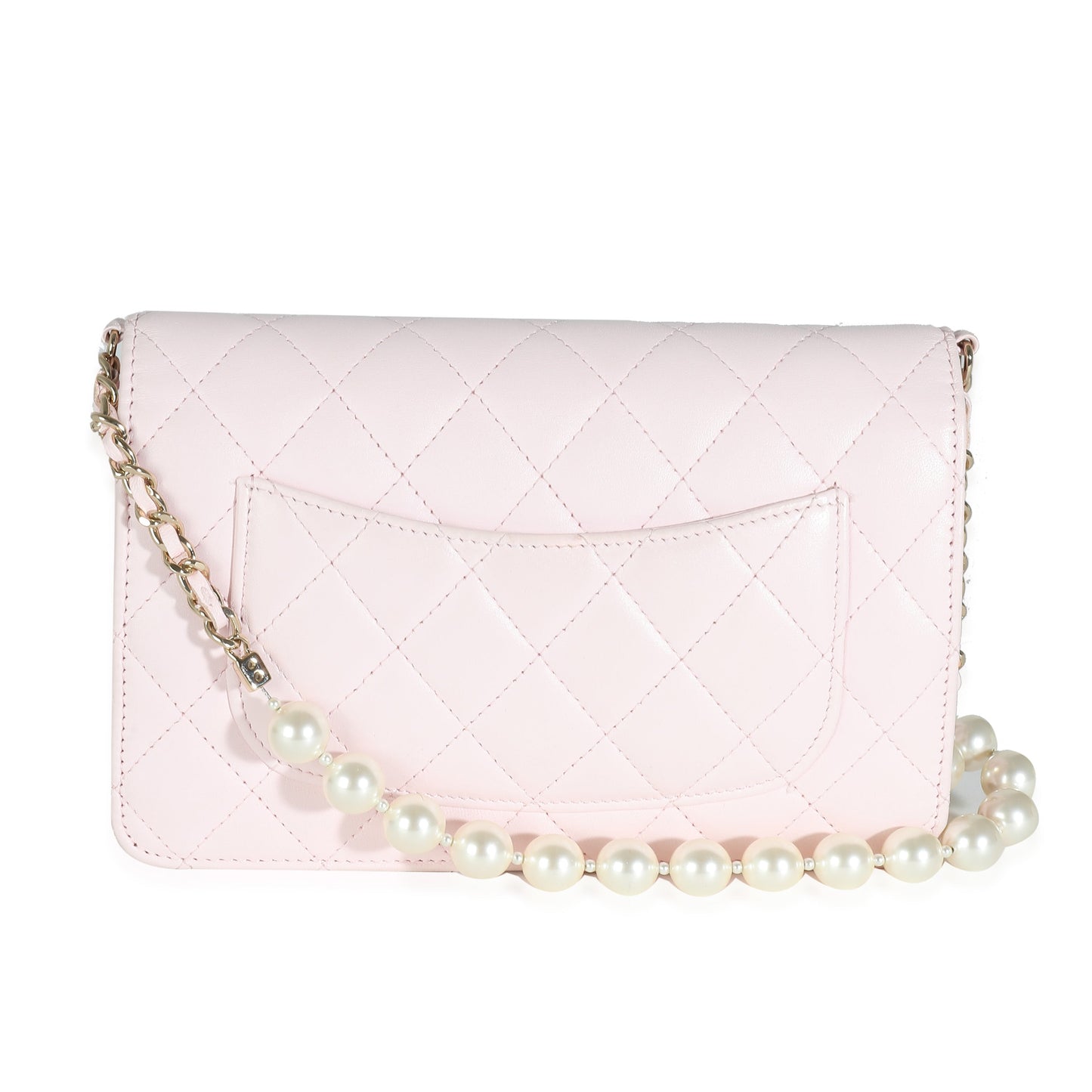 CHANEL Pink Quilted Lambskin Pearl Wallet On Chain