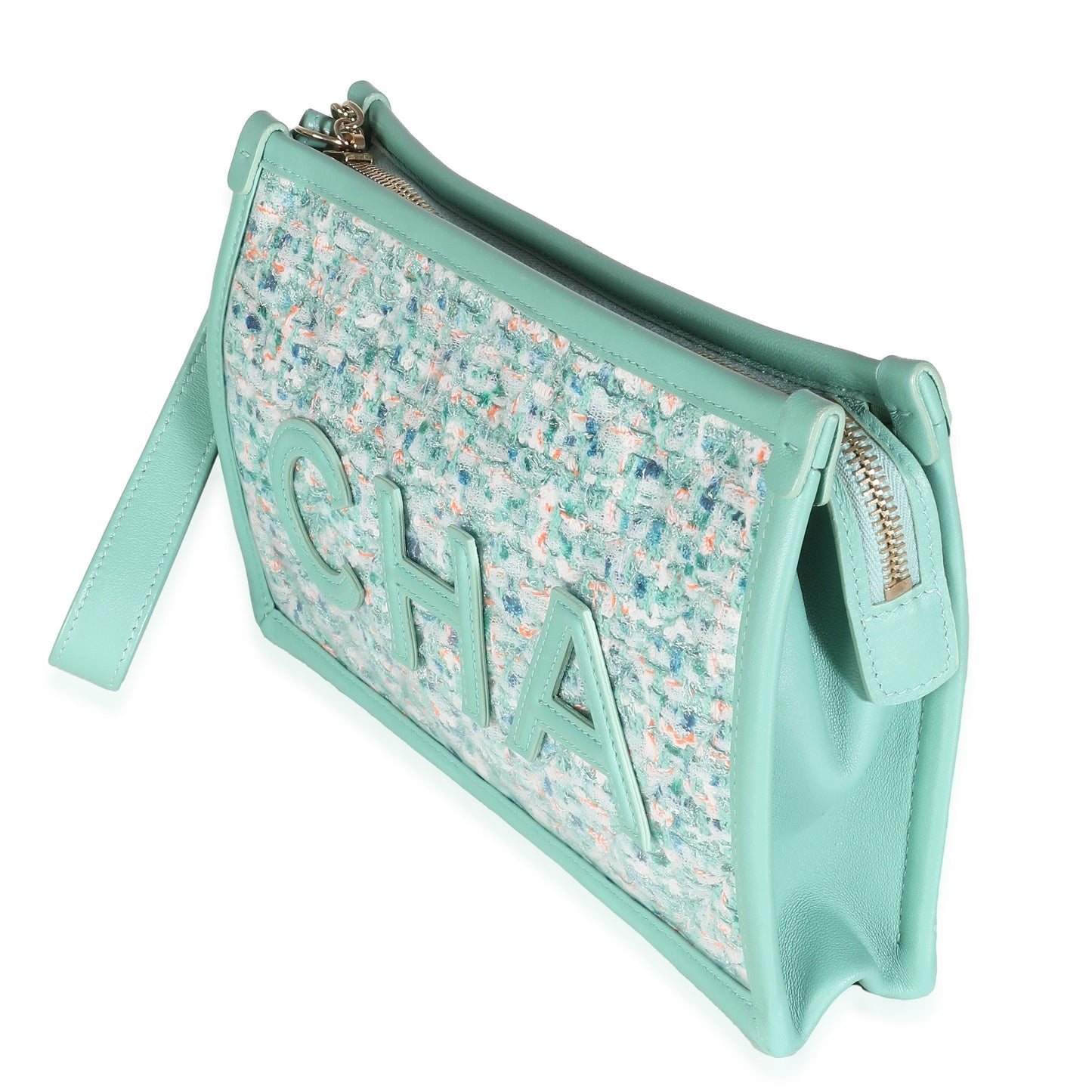 CHANEL Green Tweed PVC Lambskin Logo Wristlet Pouch