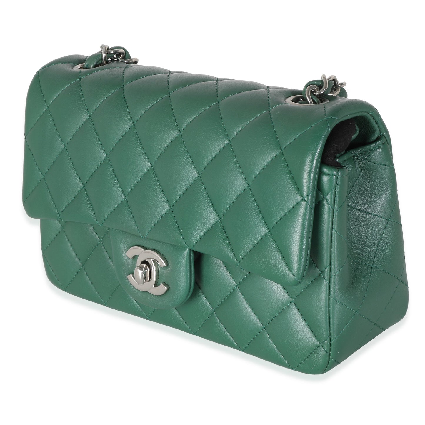 CHANEL Dark Green Quilted Lambskin Mini Rectangular Flap Bag