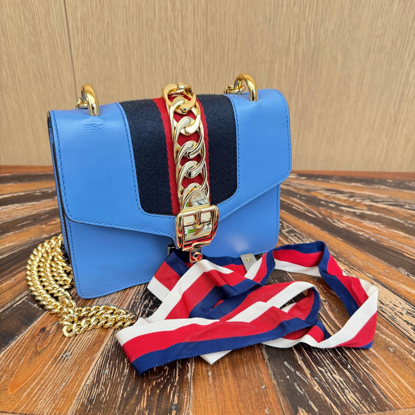 GUCCI Calfskin Mini Sylvie Chain Shoulder Bag Clear Sky Blue