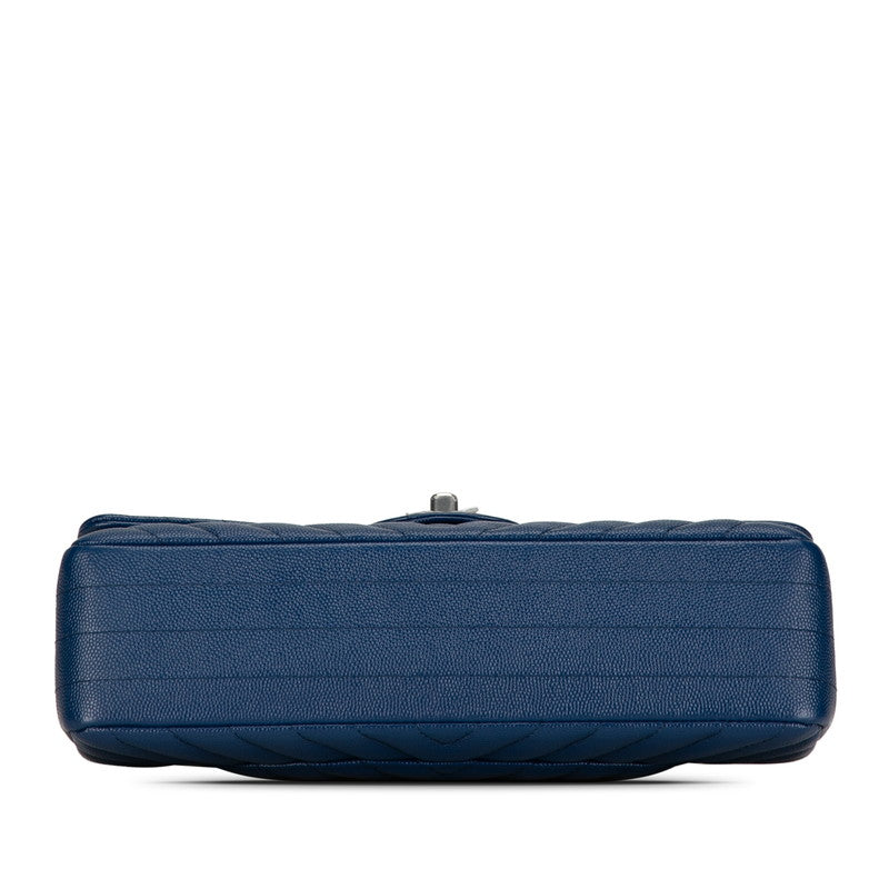Chanel Coco V Stitch Double Flap Chain Shoulder Bag Blue Leather Chanel